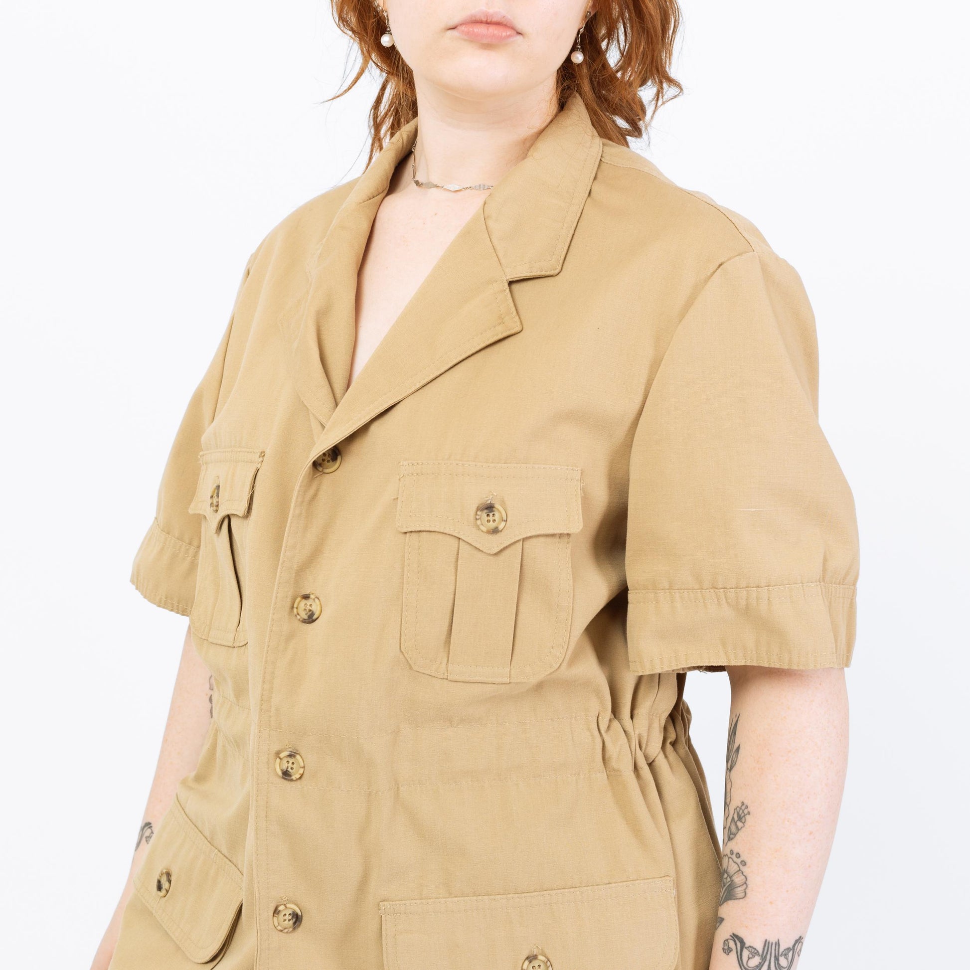 Vintage 70s Lee Khaki Safari Shirt - 1X | Short Sleeve Cinched Waist Button Up Shirt