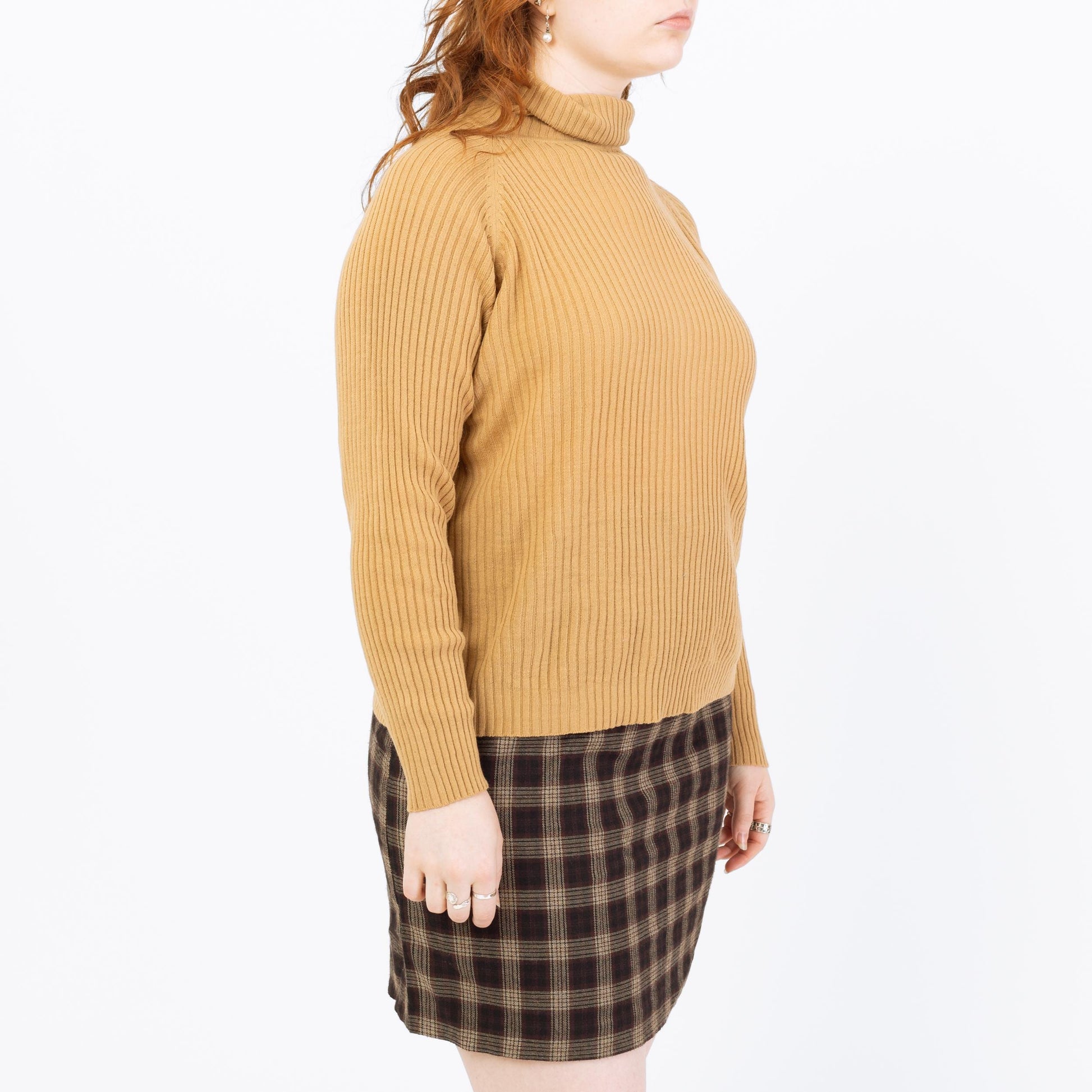 Vintage 70s Tan Lightweight Turtleneck Sweater - Extra Large | Stretchy Knit Pullover