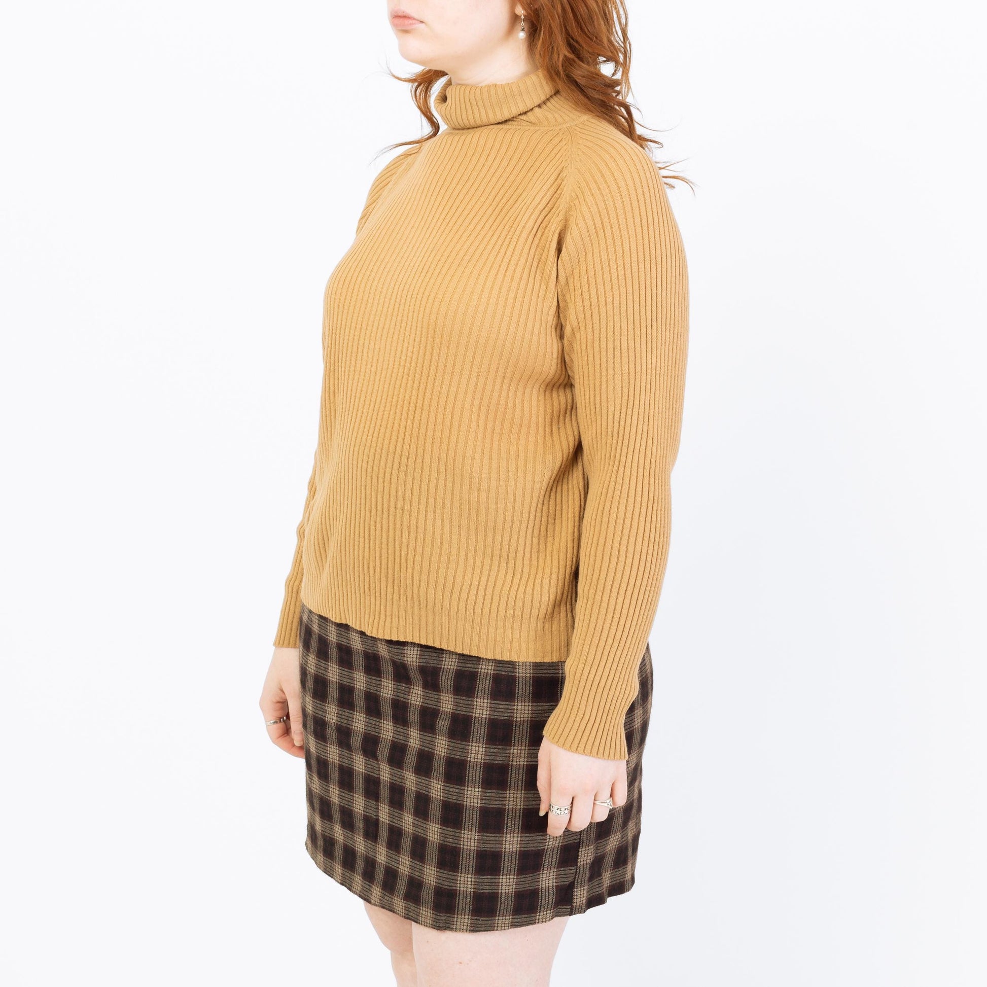 Vintage 70s Tan Lightweight Turtleneck Sweater - Extra Large | Stretchy Knit Pullover