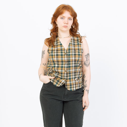 Vintage 90s Green & Tan Plaid Linen Blend Vest - Medium | Cropped Button Up V Neck Sleeveless Shirt