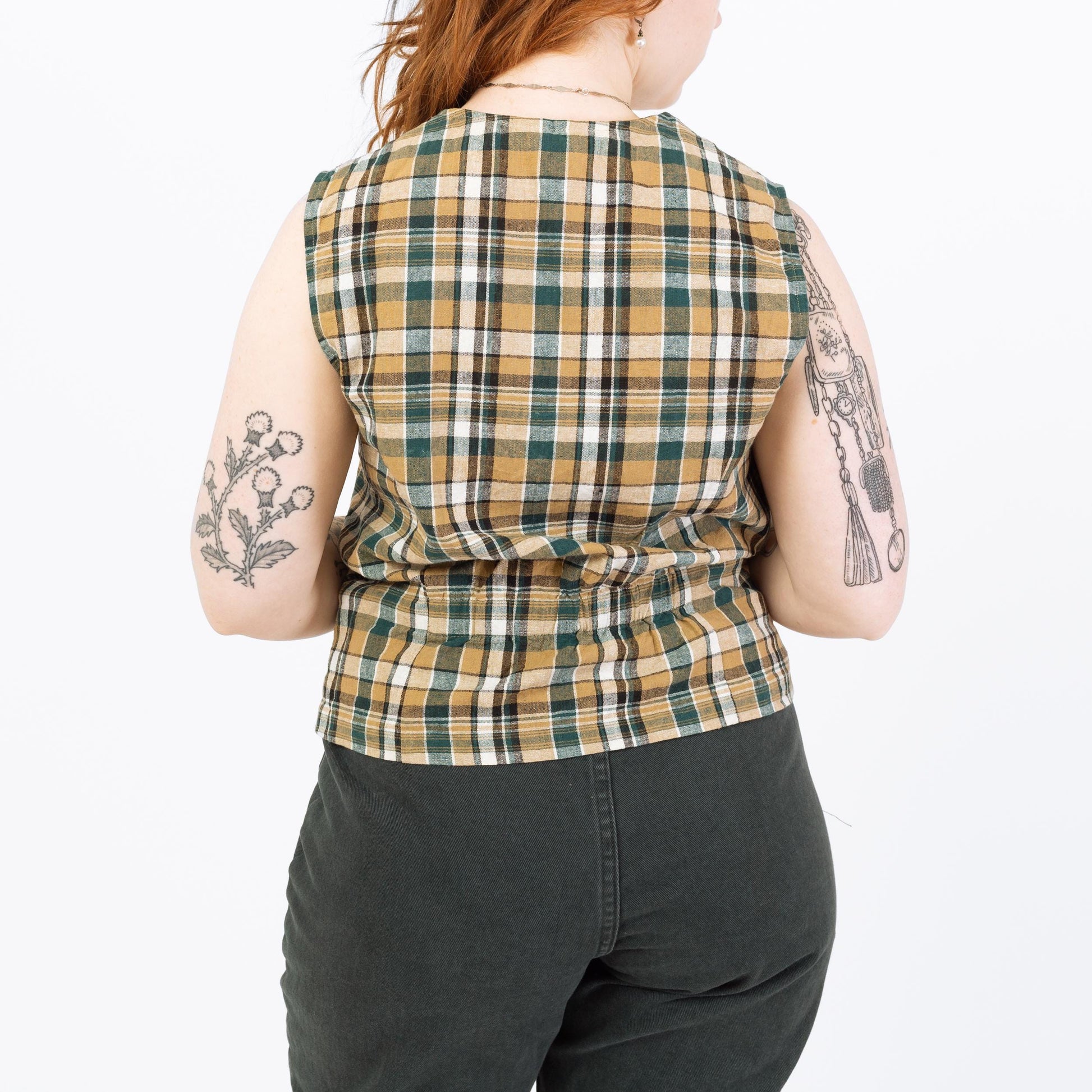 Vintage 90s Green & Tan Plaid Linen Blend Vest - Medium | Cropped Button Up V Neck Sleeveless Shirt