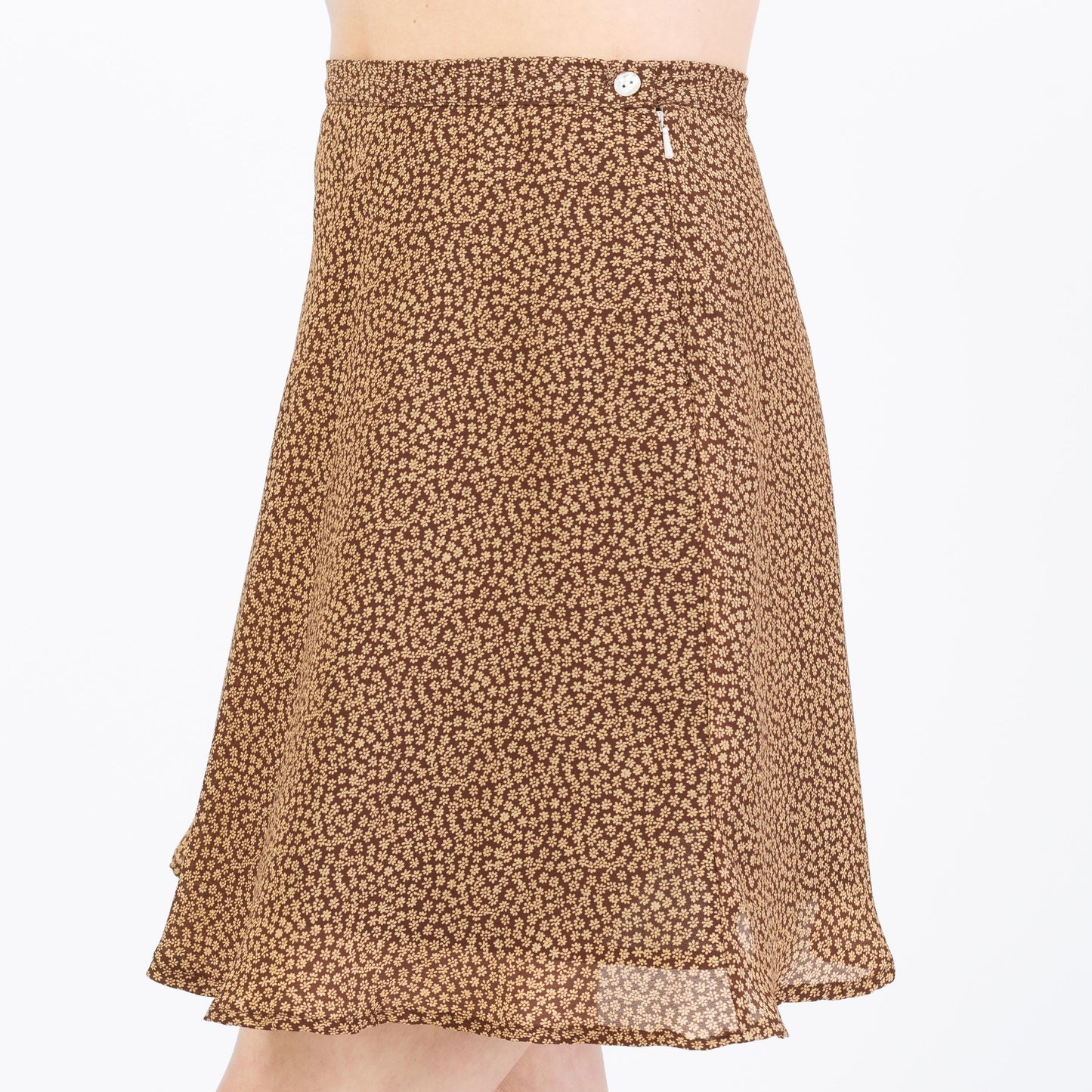 Vintage 90s Brown Ditsy Floral Mini Skirt - Small, 27" Waist | Boho High Waisted Calico Miniskirt
