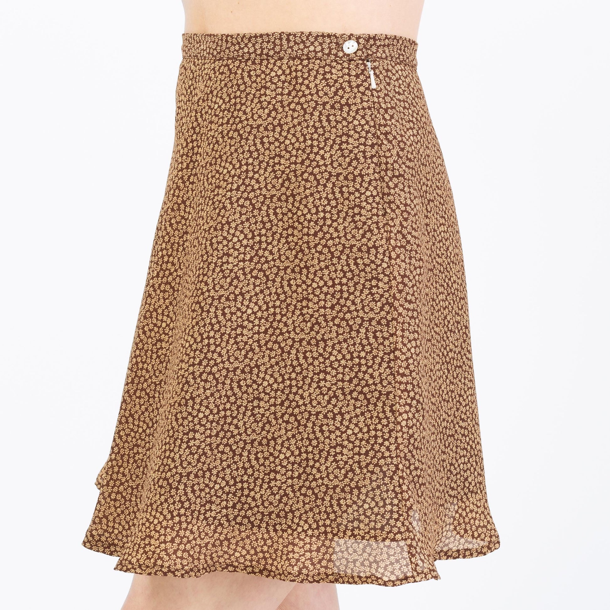 Vintage 90s Brown Ditsy Floral Mini Skirt - Small, 27" Waist | Boho High Waisted Calico Miniskirt