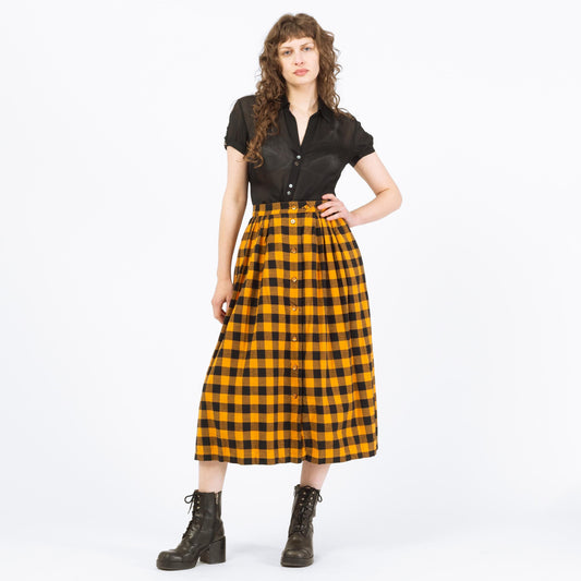Vintage 80s Buffalo Plaid Flannel Midi Skirt - Small, 27" Waist | Yellow & Black High Waisted Button Front Skirt