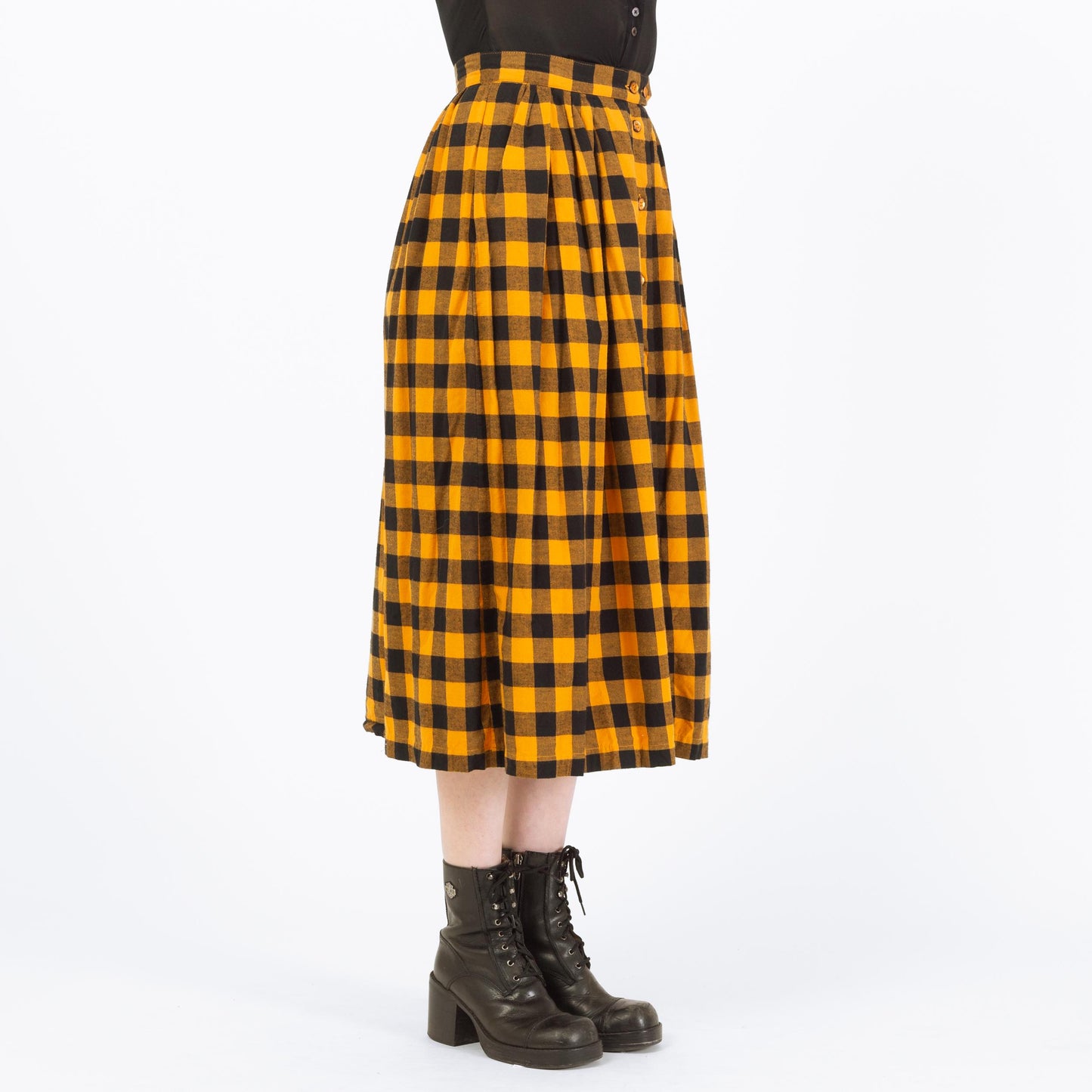 Vintage 80s Buffalo Plaid Flannel Midi Skirt - Small, 27" Waist | Yellow & Black High Waisted Button Front Skirt
