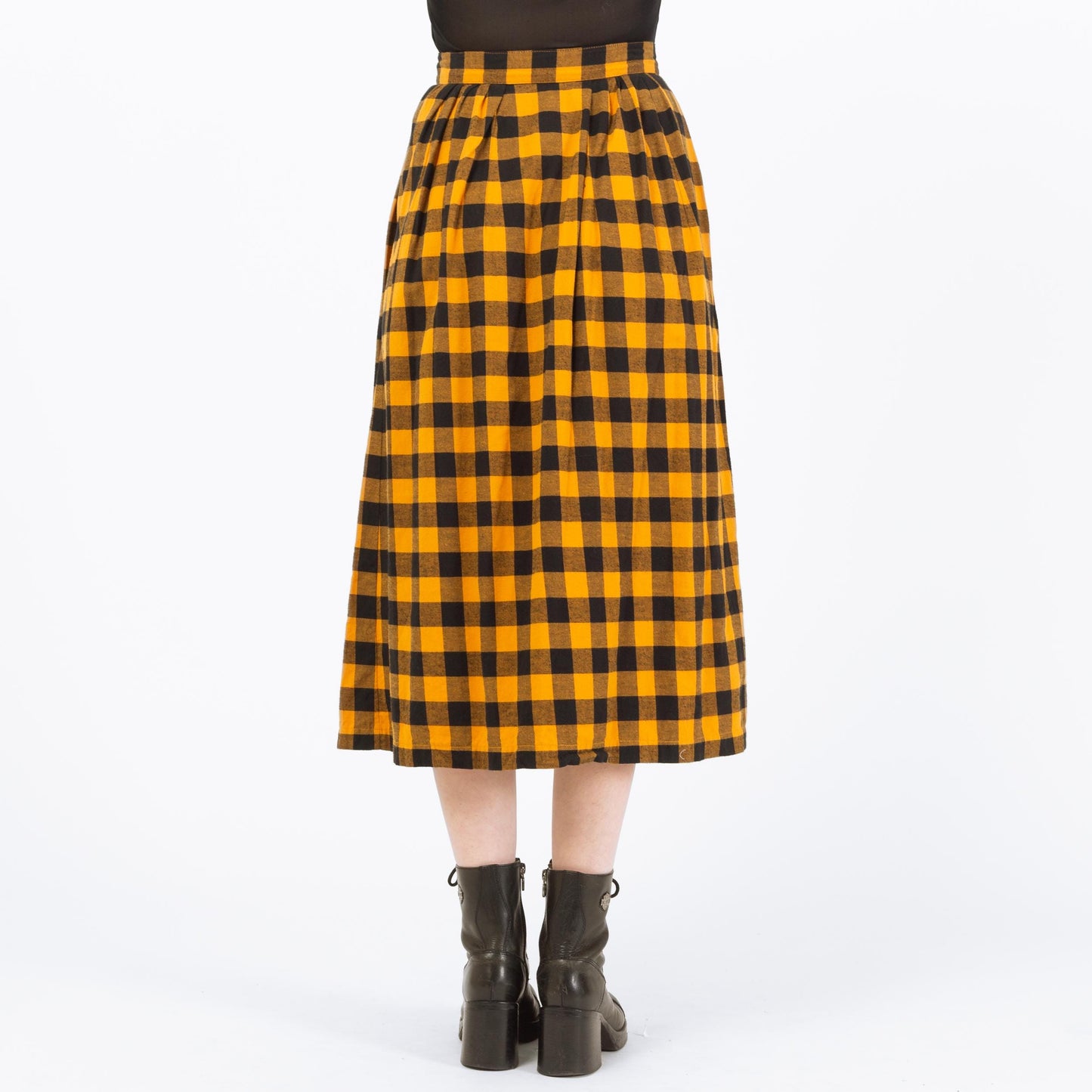 Vintage 80s Buffalo Plaid Flannel Midi Skirt - Small, 27" Waist | Yellow & Black High Waisted Button Front Skirt