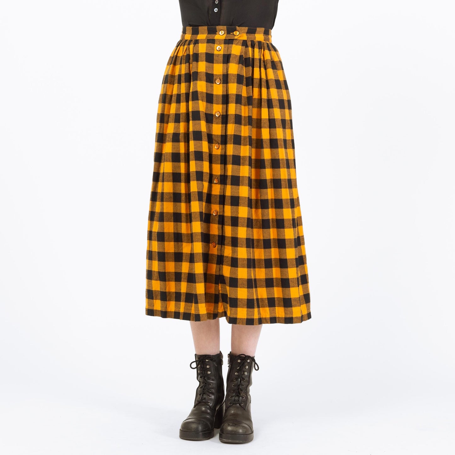 Vintage 80s Buffalo Plaid Flannel Midi Skirt - Small, 27" Waist | Yellow & Black High Waisted Button Front Skirt