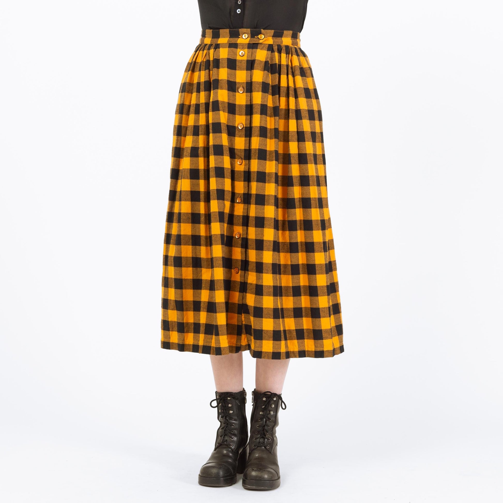 Vintage 80s Buffalo Plaid Flannel Midi Skirt - Small, 27" Waist | Yellow & Black High Waisted Button Front Skirt