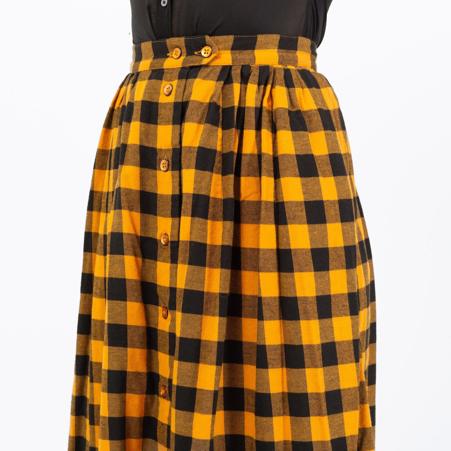 Vintage 80s Buffalo Plaid Flannel Midi Skirt - Small, 27" Waist | Yellow & Black High Waisted Button Front Skirt