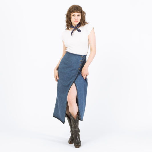 Vintage 90s Denim Blanket Stitch Midi Wrap Skirt - Medium, 28" Waist | Western High Waisted Blue Jean Skirt