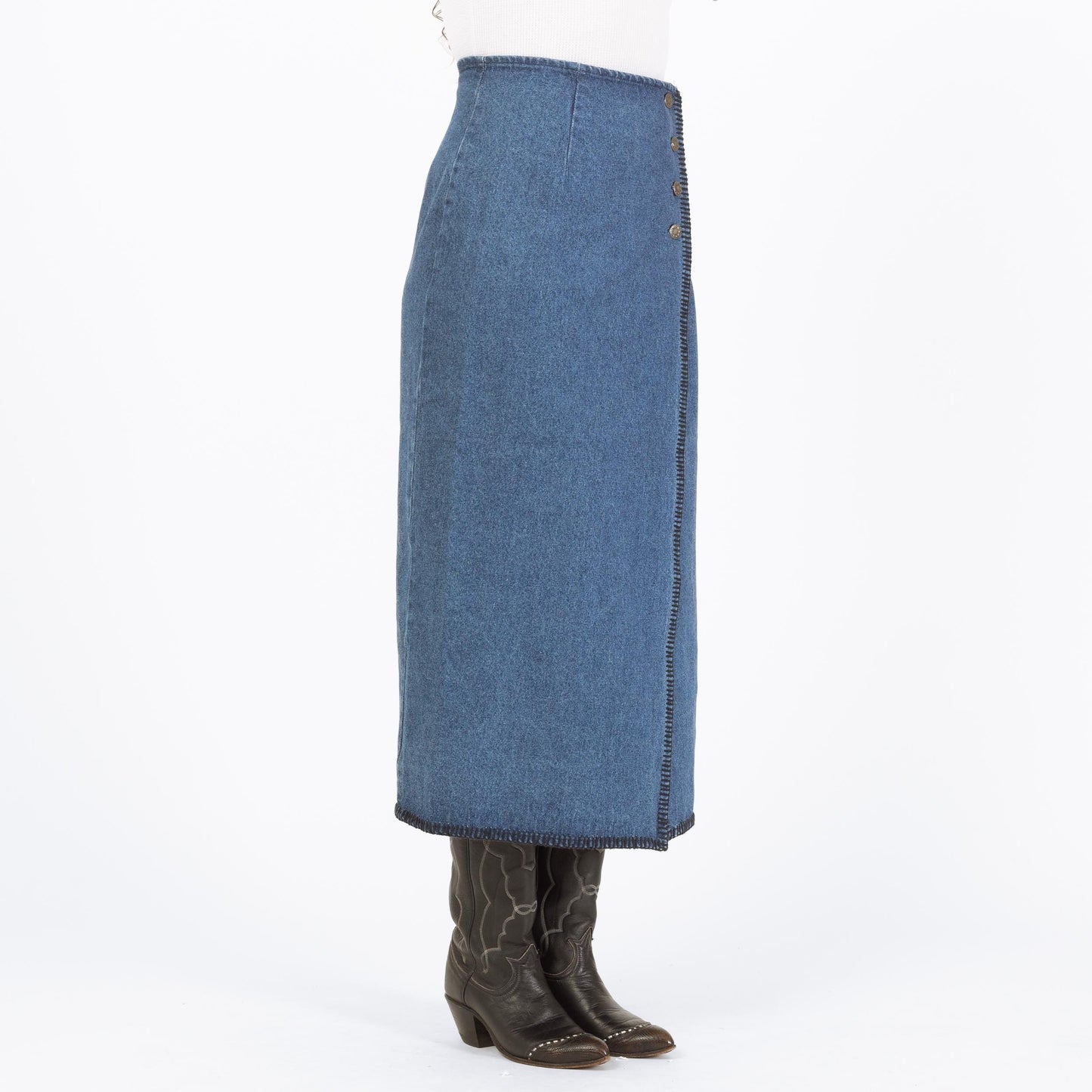 Vintage 90s Denim Blanket Stitch Midi Wrap Skirt - Medium, 28" Waist | Western High Waisted Blue Jean Skirt