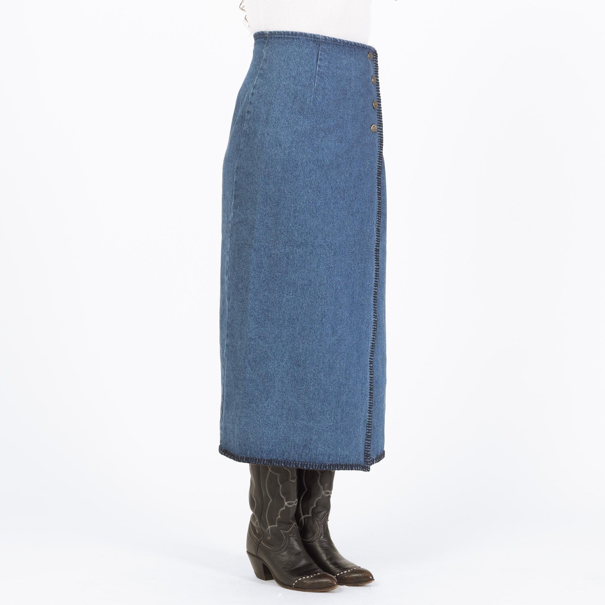 Vintage 90s Denim Blanket Stitch Midi Wrap Skirt - Medium, 28" Waist | Western High Waisted Blue Jean Skirt