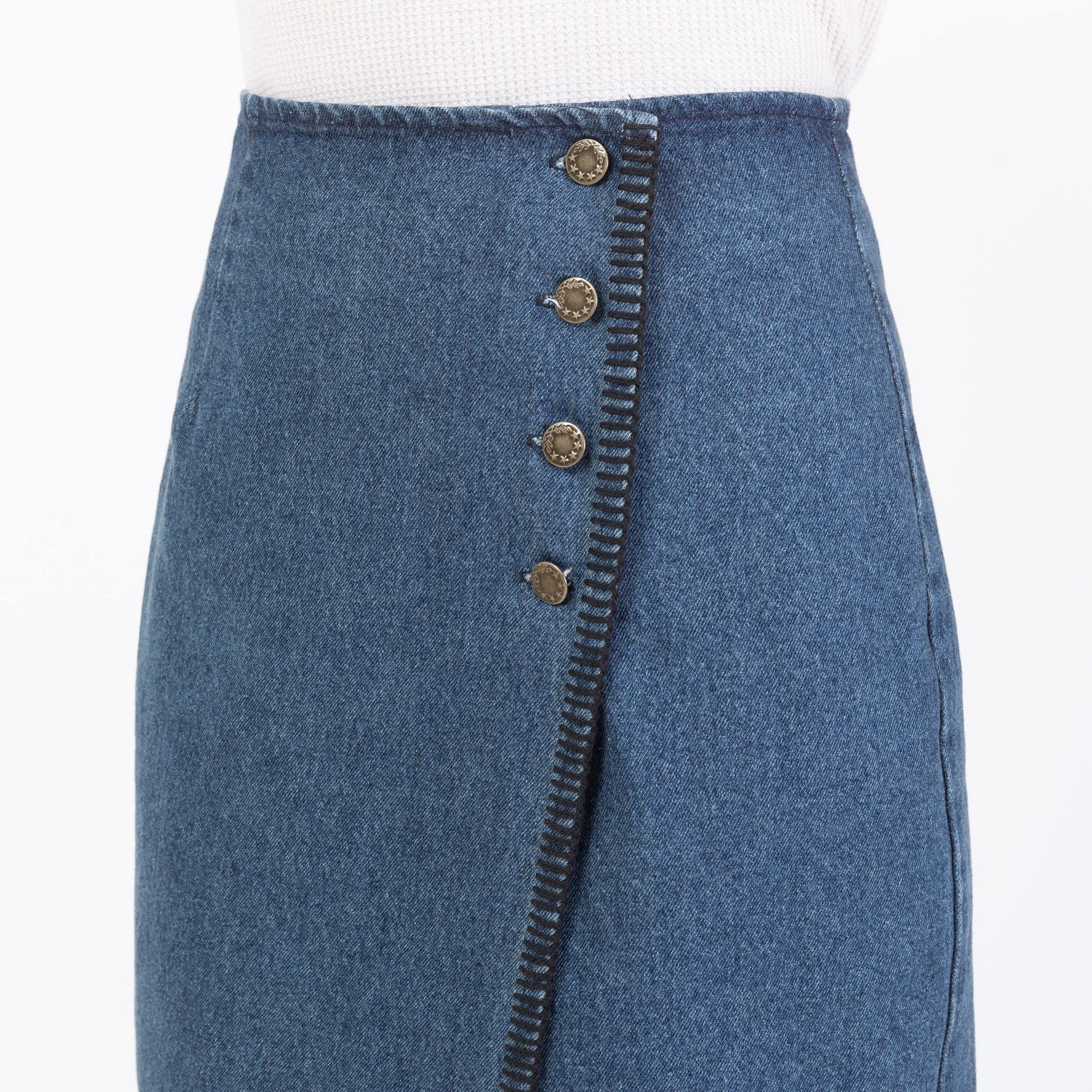 Vintage 90s Denim Blanket Stitch Midi Wrap Skirt - Medium, 28" Waist | Western High Waisted Blue Jean Skirt