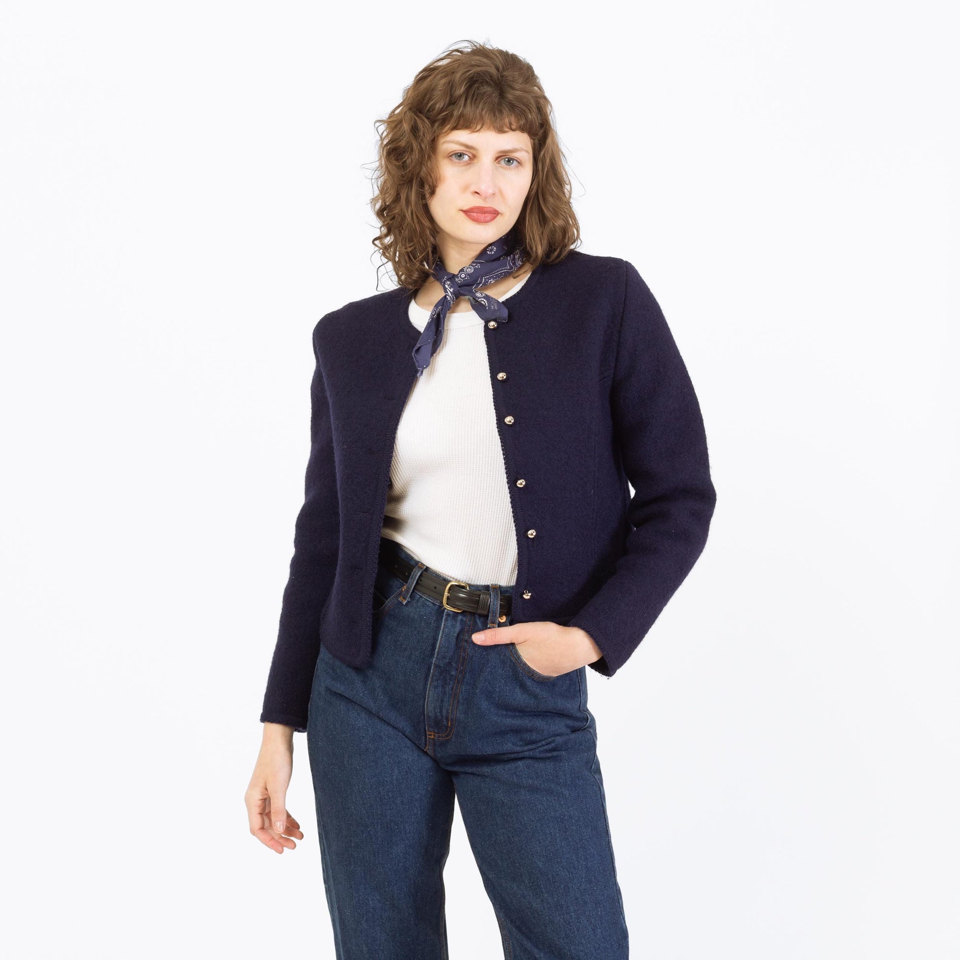 Vintage 70s Carroll Reed Ski Shop Navy Blue Wool Cardigan - Small | Button Up Cropped Sweater Jacket