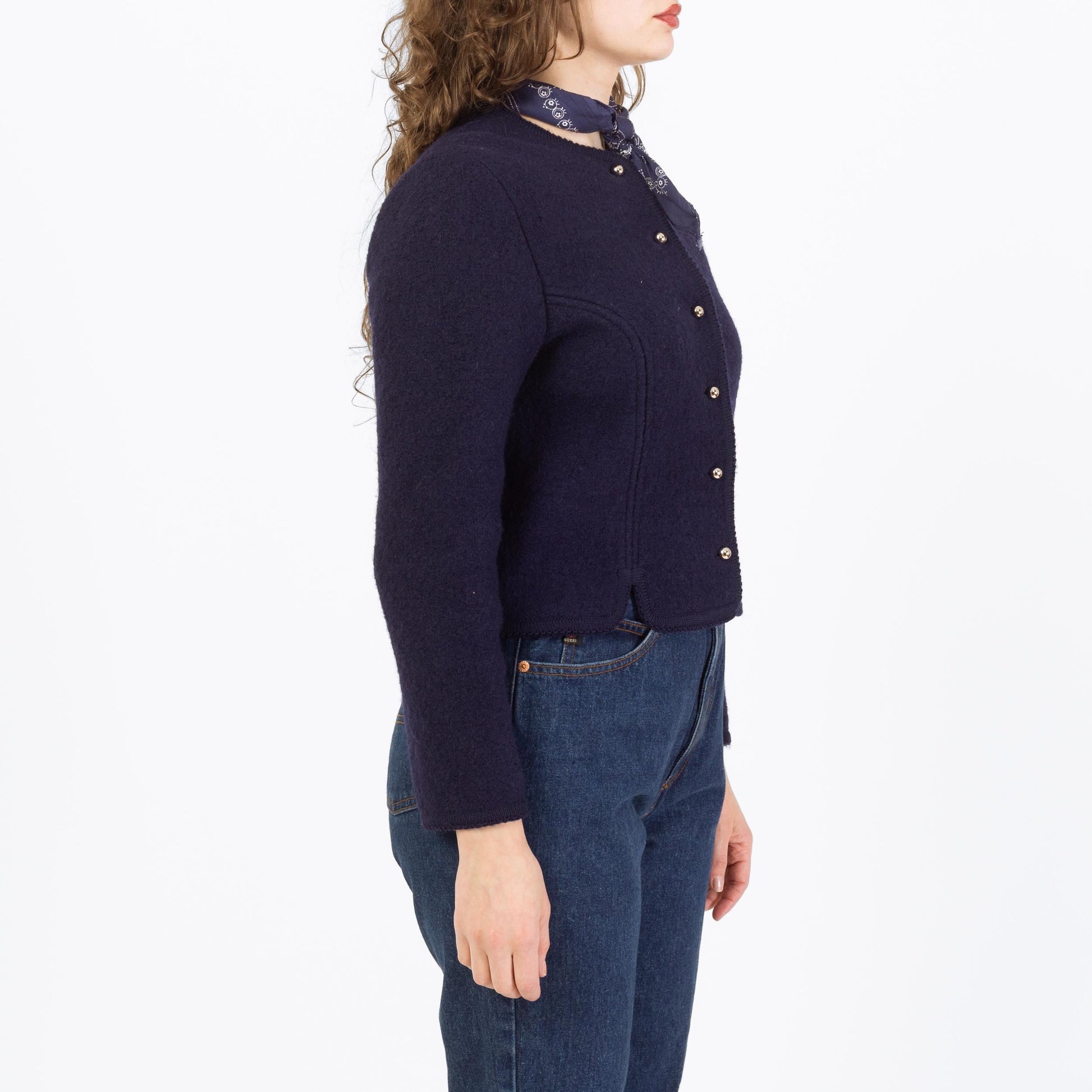 Vintage 70s Carroll Reed Ski Shop Navy Blue Wool Cardigan - Small | Button Up Cropped Sweater Jacket