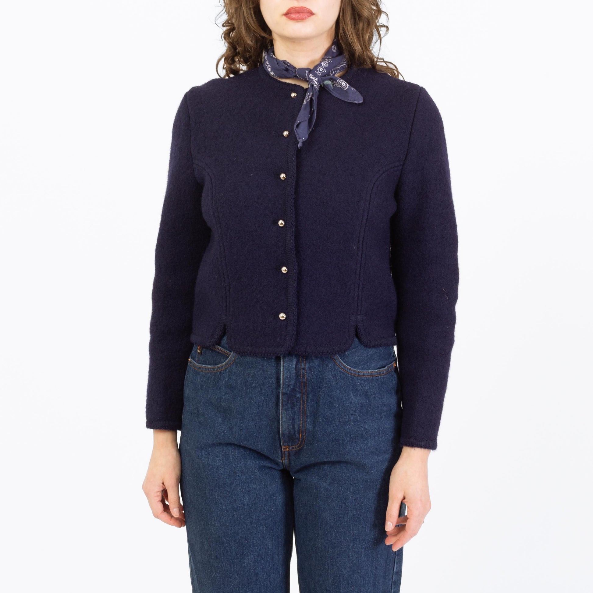 Vintage 70s Carroll Reed Ski Shop Navy Blue Wool Cardigan - Small | Button Up Cropped Sweater Jacket
