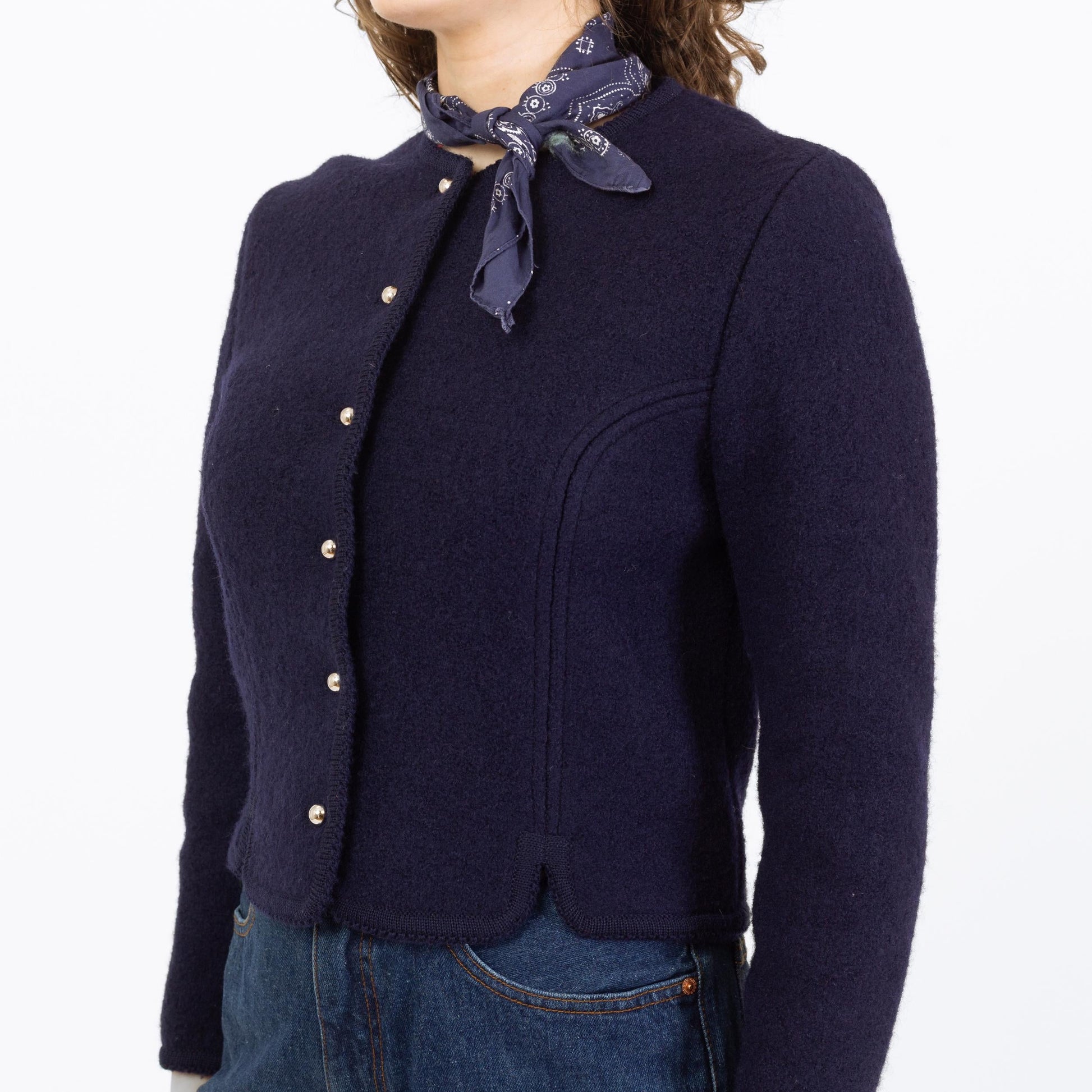 Vintage 70s Carroll Reed Ski Shop Navy Blue Wool Cardigan - Small | Button Up Cropped Sweater Jacket