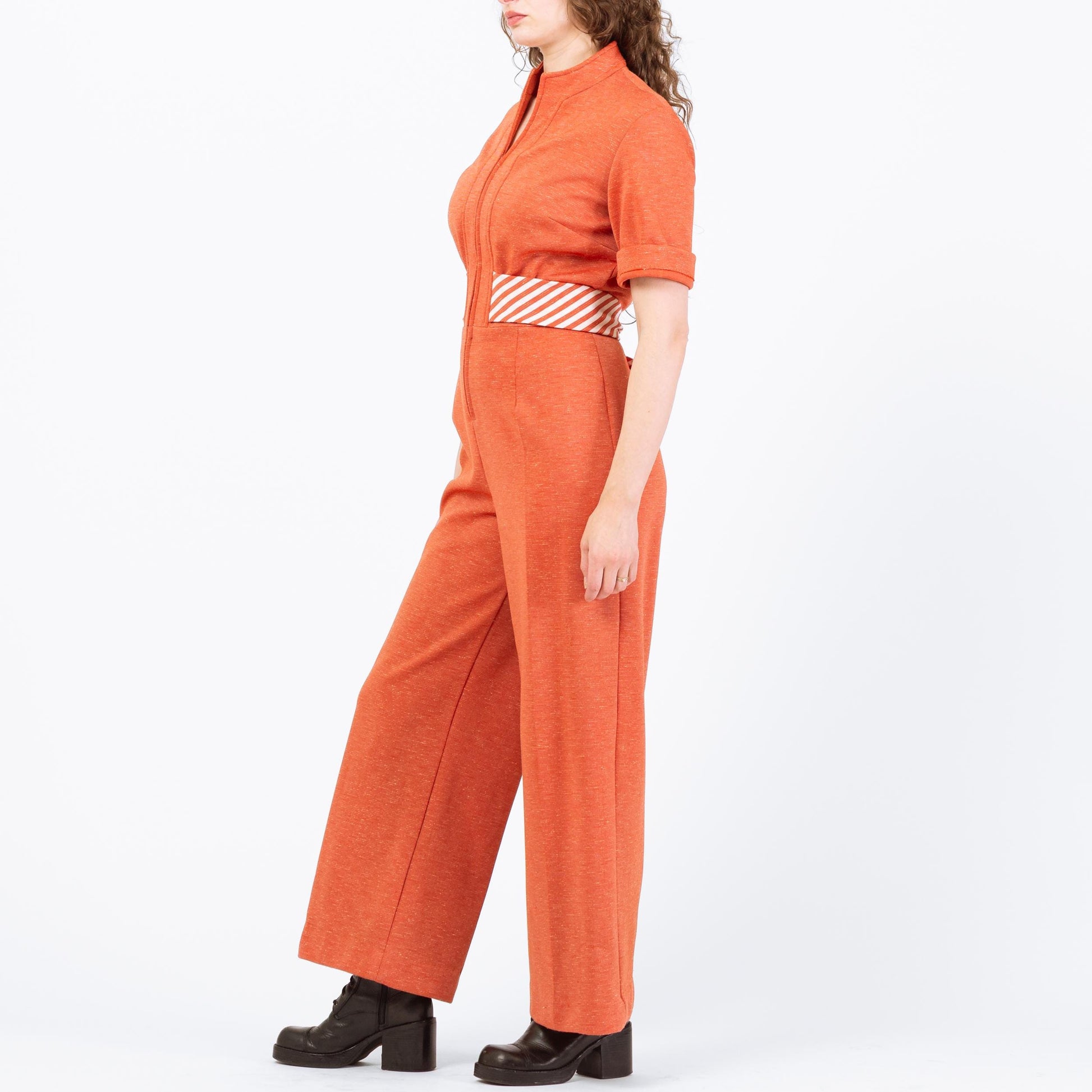 Vintage 70s Orange Striped Belt Jumpsuit - Medium | Retro Disco Leisure Suit Pantsuit