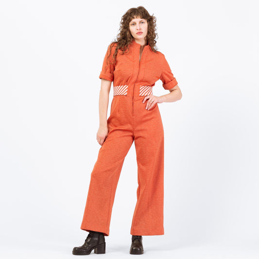 Vintage 70s Orange Striped Belt Jumpsuit - Medium | Retro Disco Leisure Suit Pantsuit