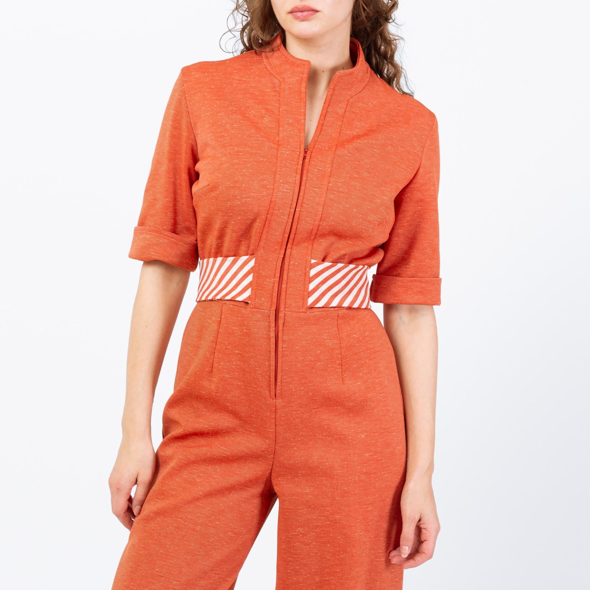 Vintage 70s Orange Striped Belt Jumpsuit - Medium | Retro Disco Leisure Suit Pantsuit