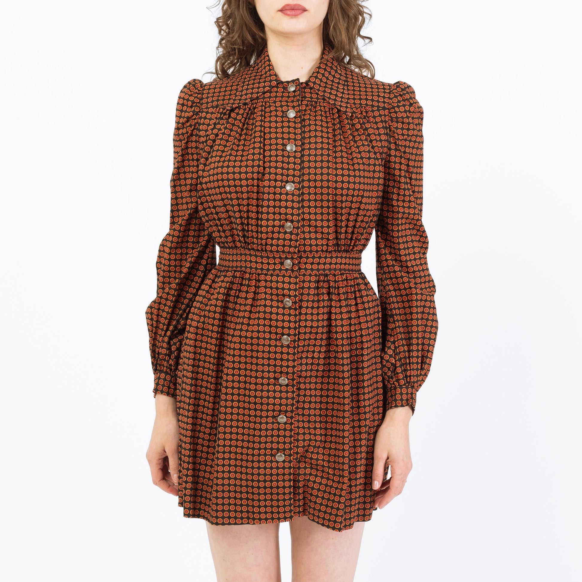 Vintage 70s Ditsy Floral Mini Shirtdress - Small | Boho Long Sleeve Babydoll Dress