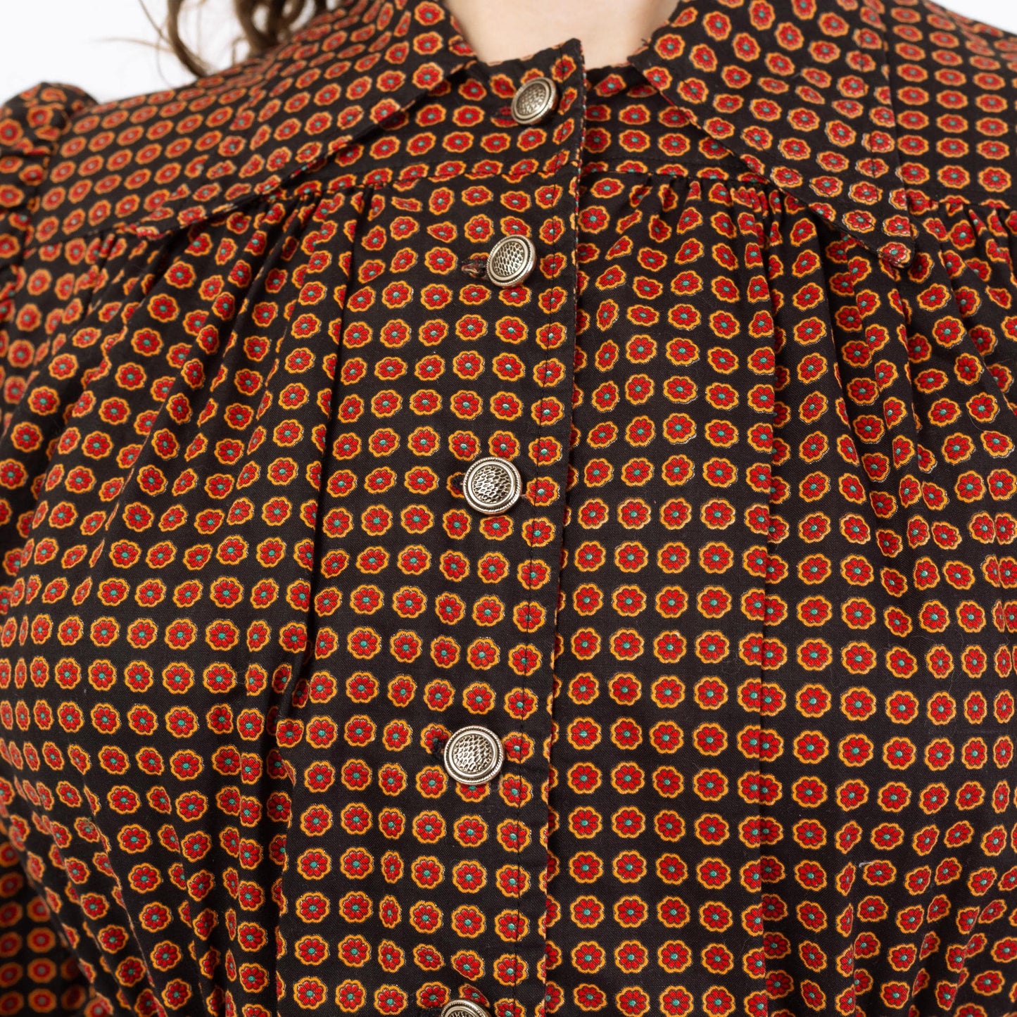 Vintage 70s Ditsy Floral Mini Shirtdress - Small | Boho Long Sleeve Babydoll Dress