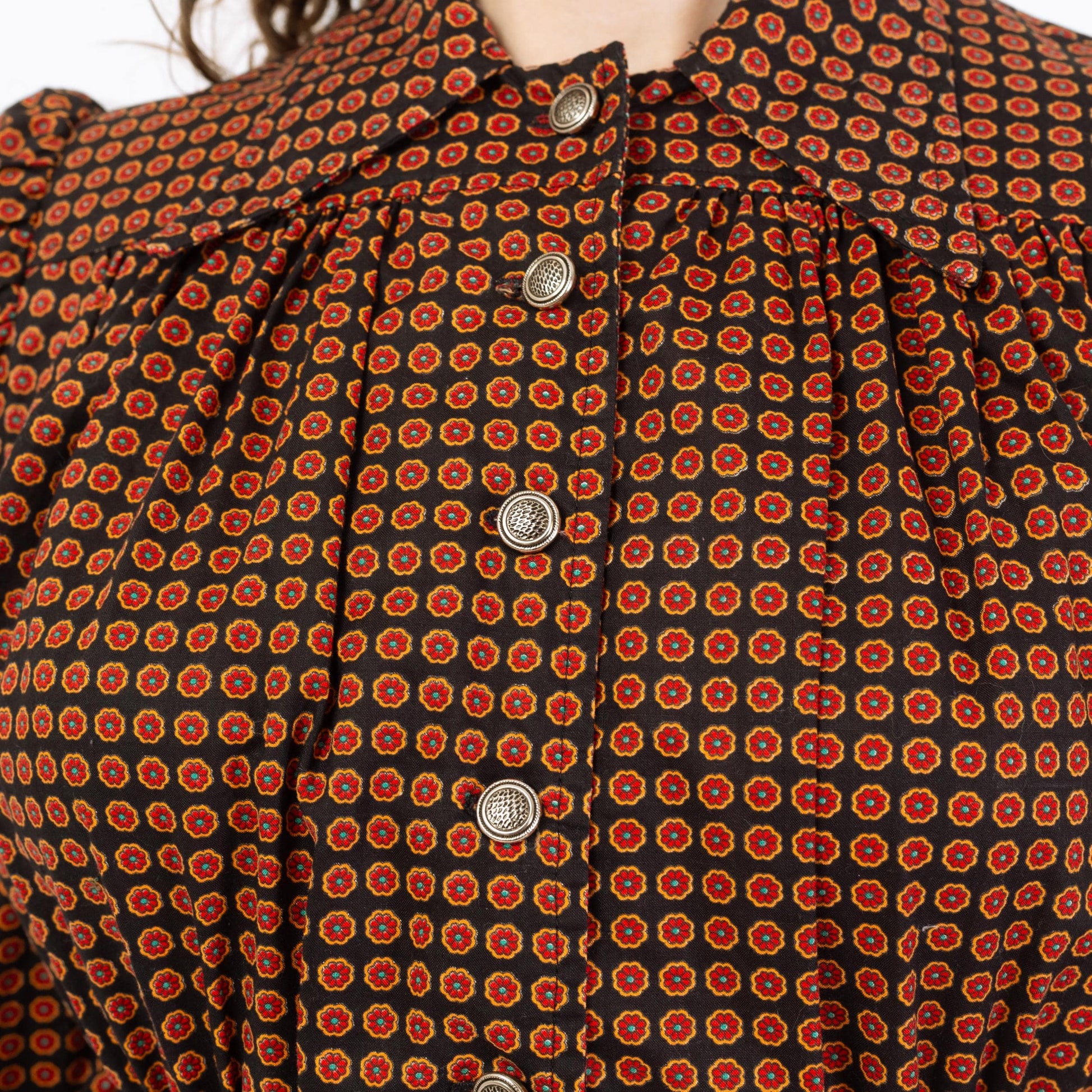 Vintage 70s Ditsy Floral Mini Shirtdress - Small | Boho Long Sleeve Babydoll Dress