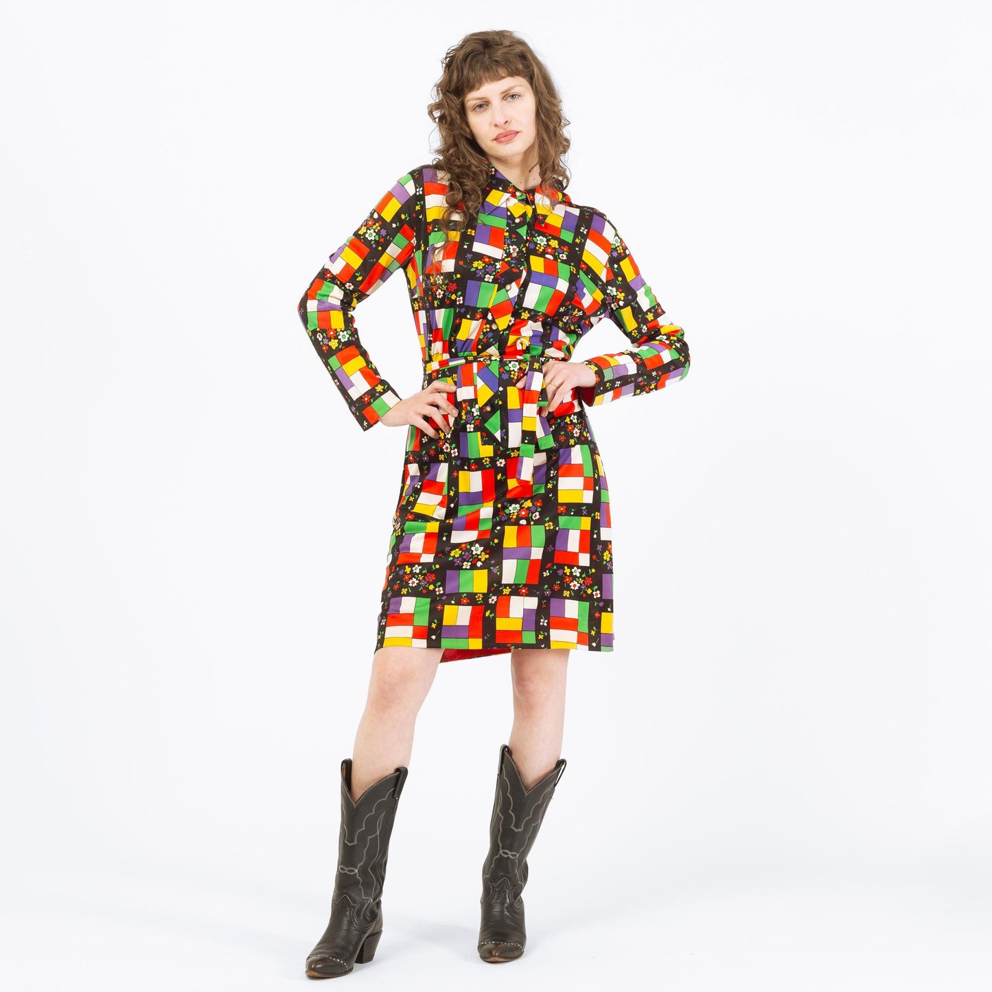 Vintage 70s Mondrian Stained Glass & Floral Print Shirtdress - Large | Long Sleeve Belted Knee Length Dress