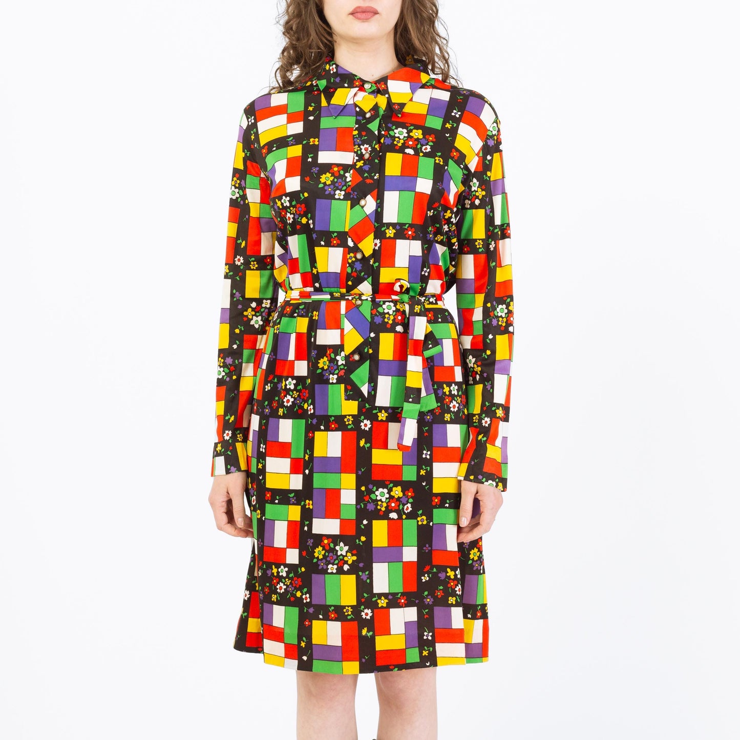 Vintage 70s Mondrian Stained Glass & Floral Print Shirtdress - Large | Long Sleeve Belted Knee Length Dress