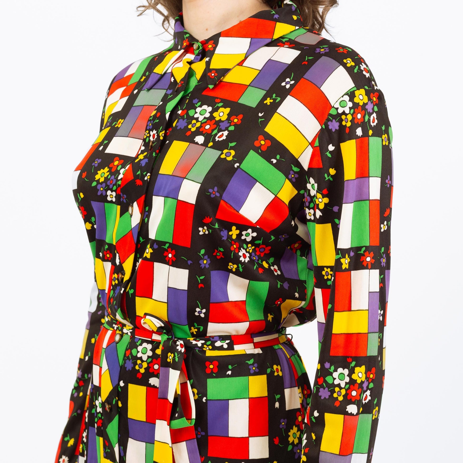 Vintage 70s Mondrian Stained Glass & Floral Print Shirtdress - Large | Long Sleeve Belted Knee Length Dress