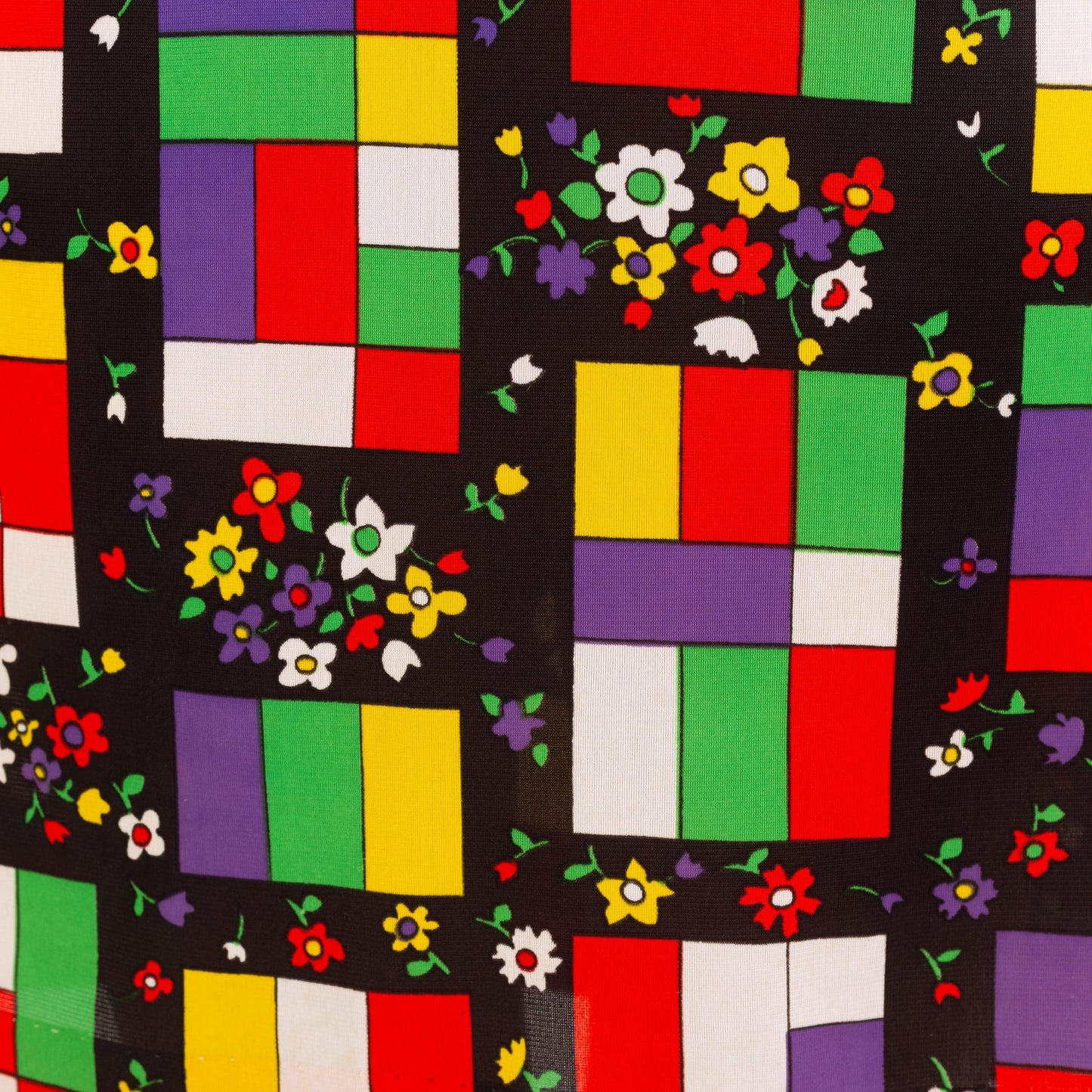 Vintage 70s Mondrian Stained Glass & Floral Print Shirtdress - Large | Long Sleeve Belted Knee Length Dress