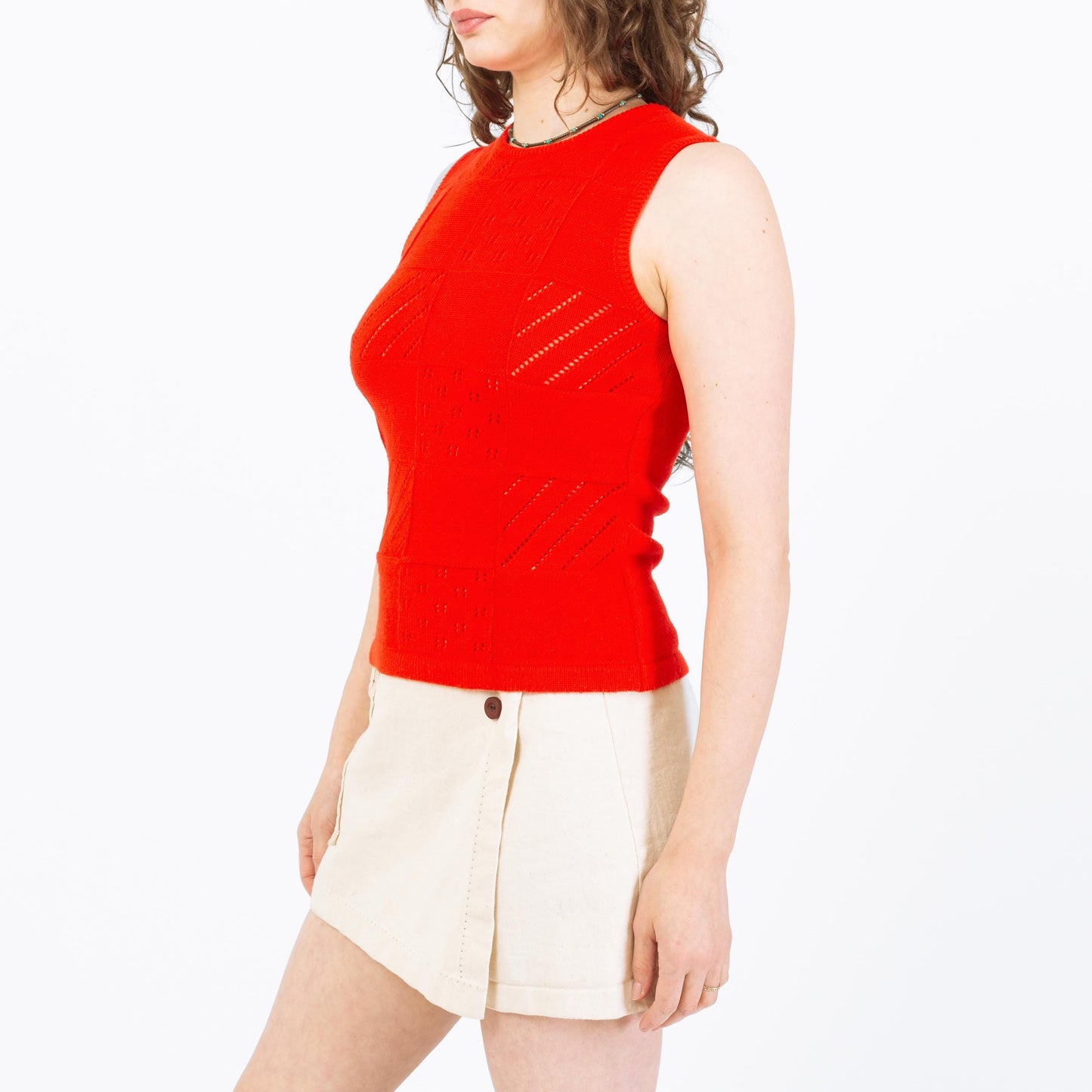 Vintage 70s Red Eyelet Patchwork Knit Tank - Small to Medium | Retro Sleeveless Sweater Top