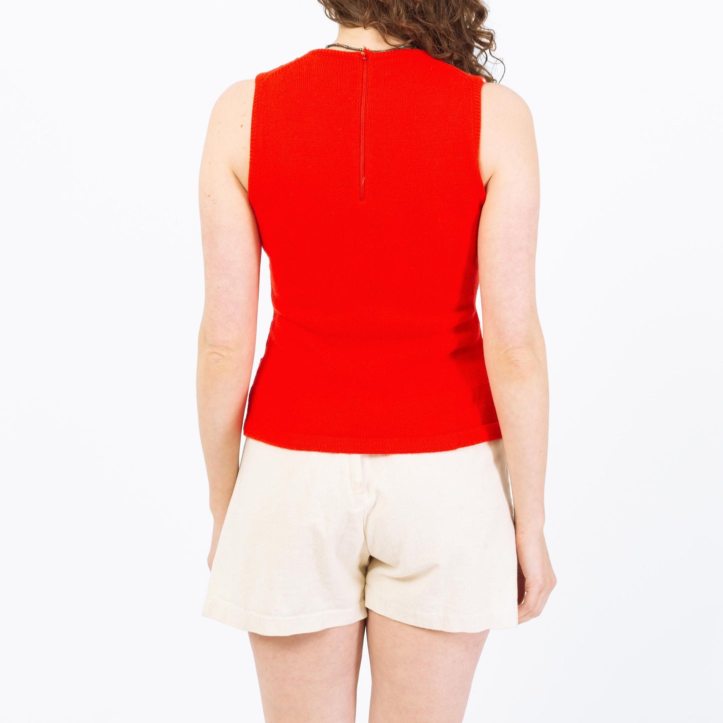 Vintage 70s Red Eyelet Patchwork Knit Tank - Small to Medium | Retro Sleeveless Sweater Top