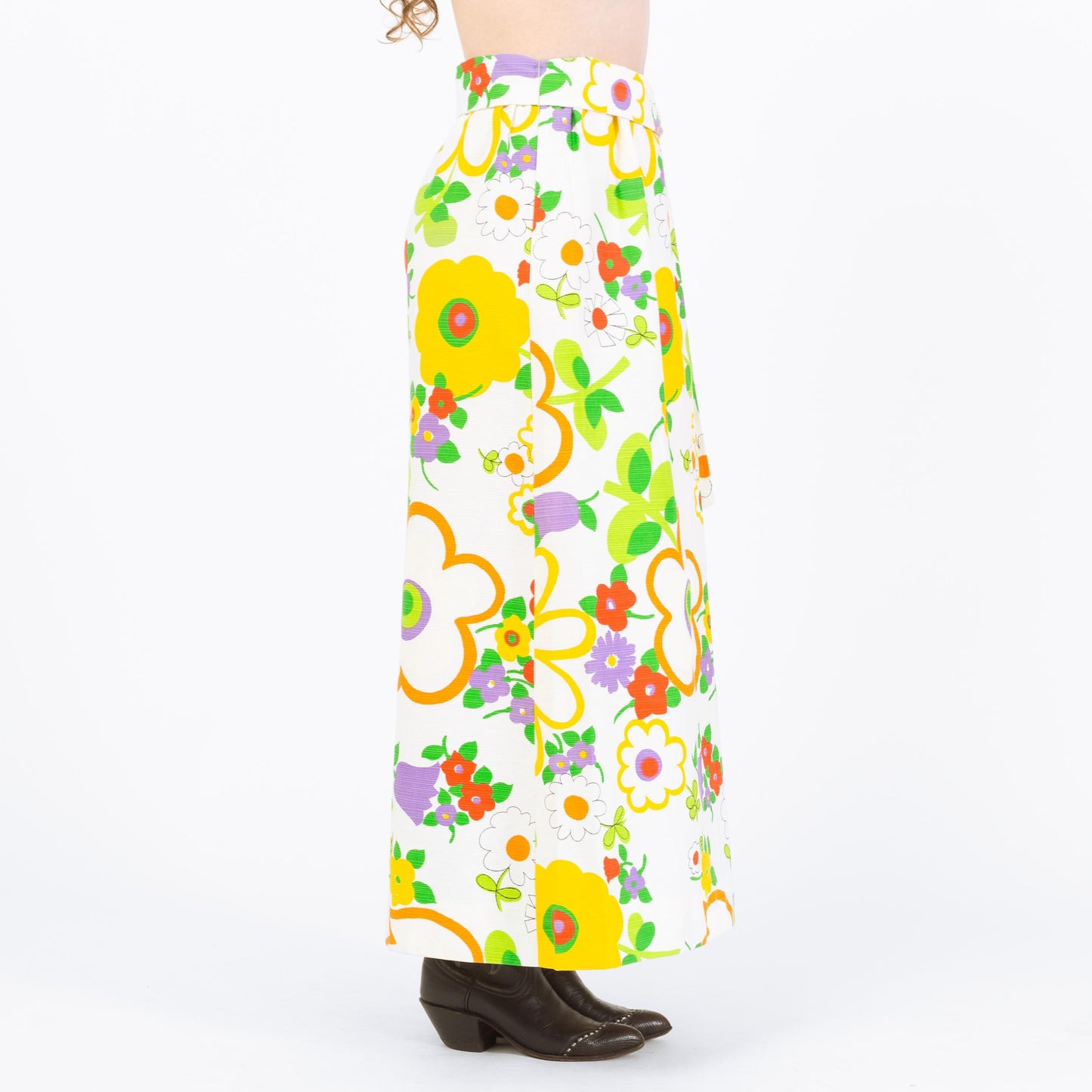 Vintage 70s White Cartoon Floral Maxi Skirt - Medium | Boho Long Summer Skirt