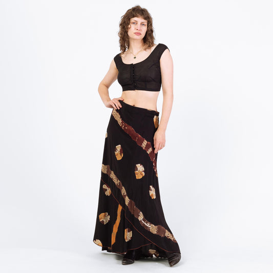 Vintage 90s Boho High-Low Hem Maxi Skirt - Large | Black Brown High Waisted Abstract Skirt