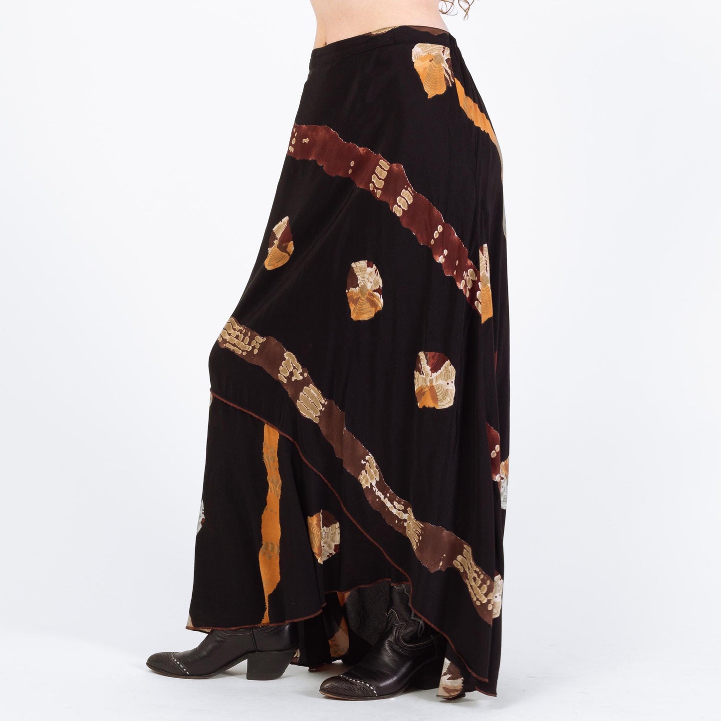 Vintage 90s Boho High-Low Hem Maxi Skirt - Large | Black Brown High Waisted Abstract Skirt
