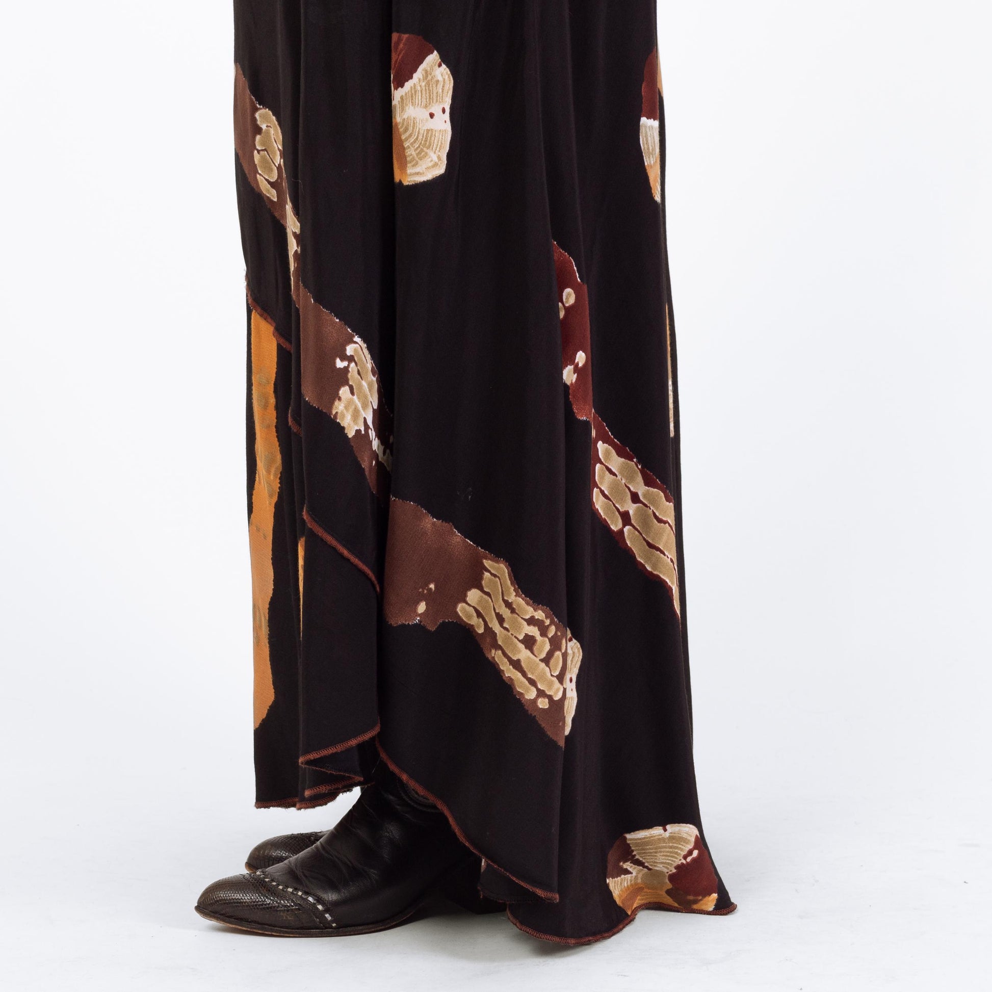 Vintage 90s Boho High-Low Hem Maxi Skirt - Large | Black Brown High Waisted Abstract Skirt
