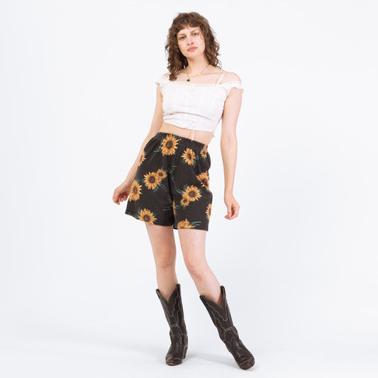 Vintage 90s Sunflower Print Lounge Shorts - Small to Medium | High Waisted Casual Elastic Shorts