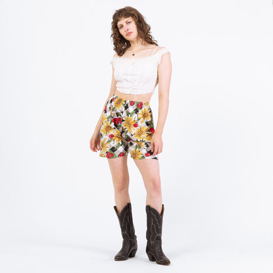Vintage 90s Cherry Print Cotton Lounge Shorts - Small to Medium | Floral High Waisted Casual Elastic Shorts