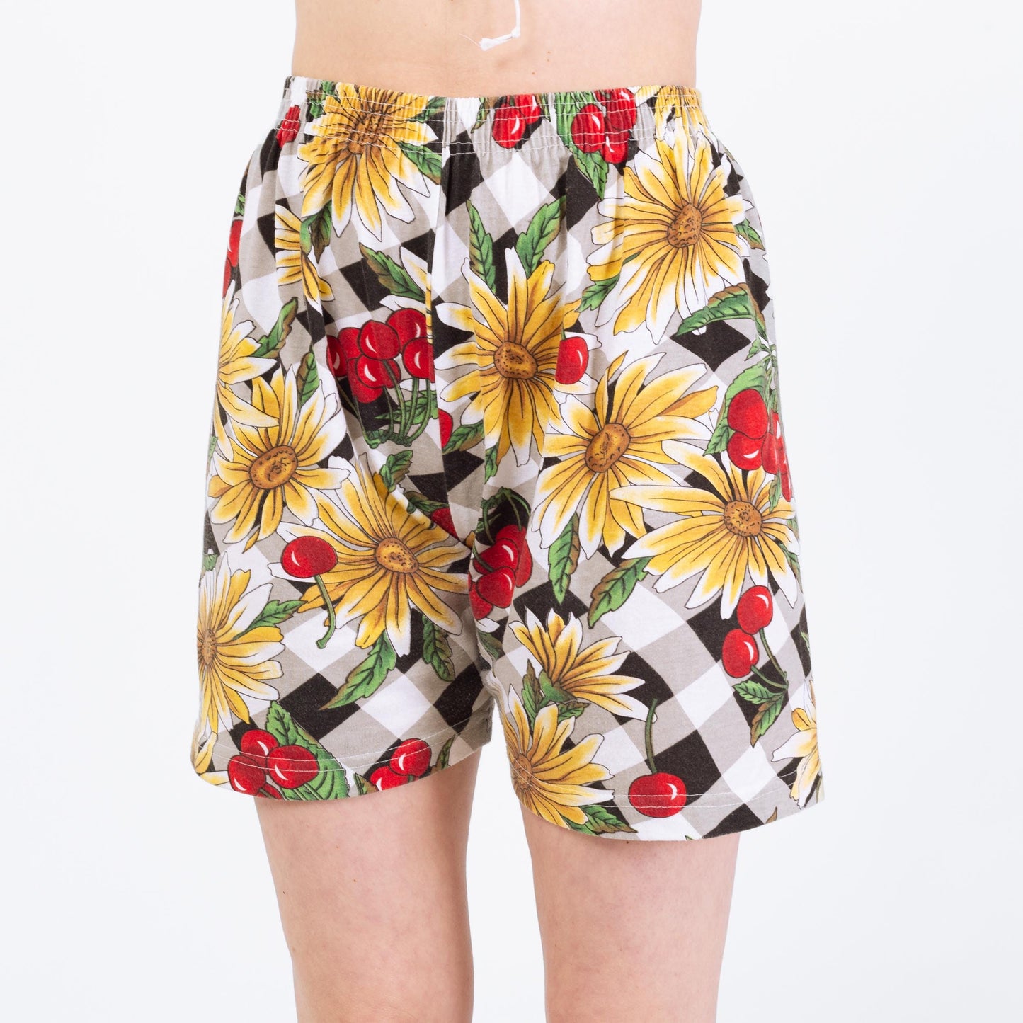 Vintage 90s Cherry Print Cotton Lounge Shorts - Small to Medium | Floral High Waisted Casual Elastic Shorts