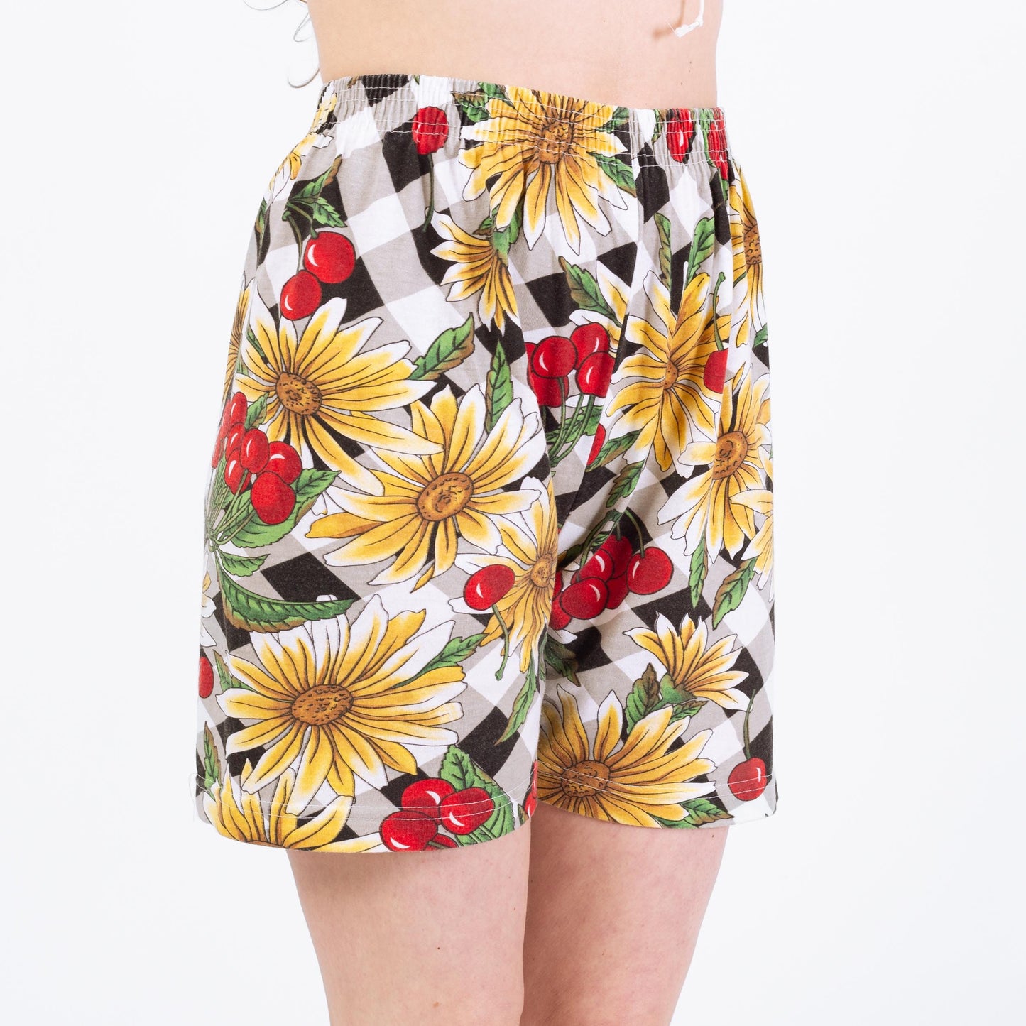 Vintage 90s Cherry Print Cotton Lounge Shorts - Small to Medium | Floral High Waisted Casual Elastic Shorts