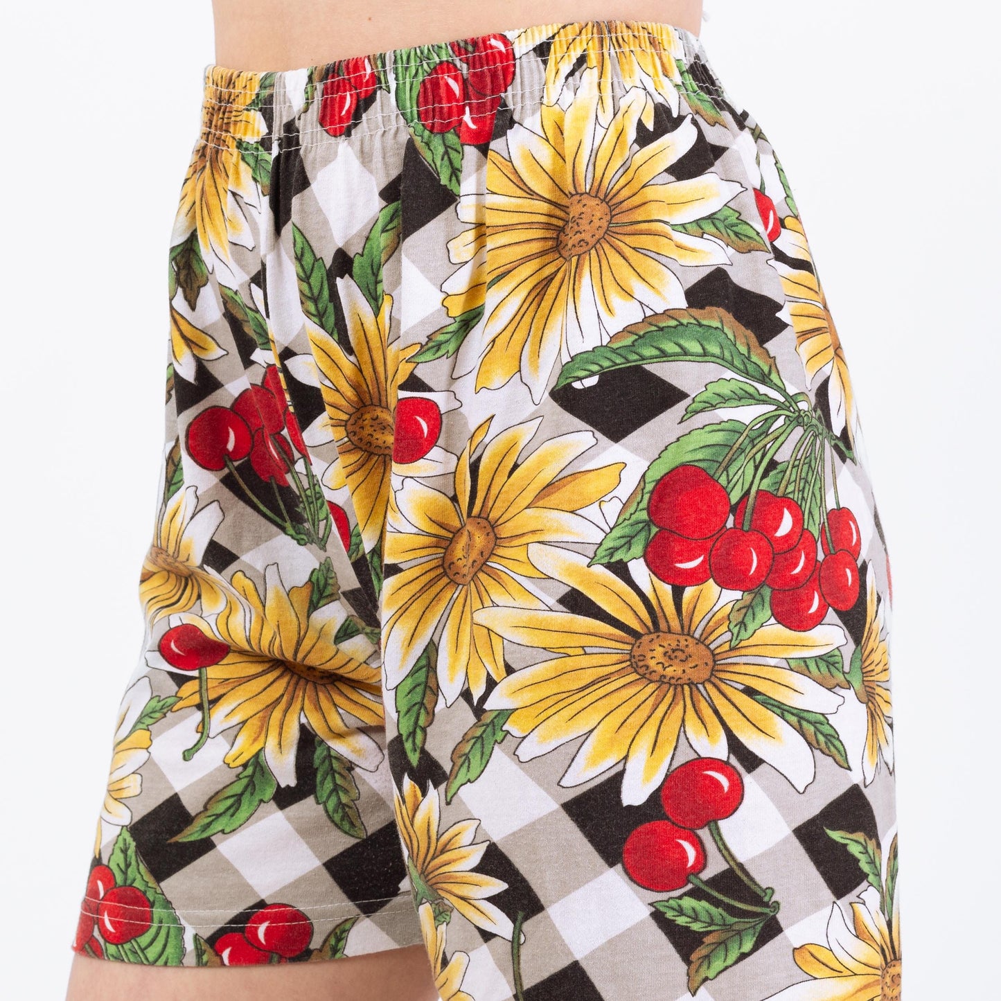Vintage 90s Cherry Print Cotton Lounge Shorts - Small to Medium | Floral High Waisted Casual Elastic Shorts