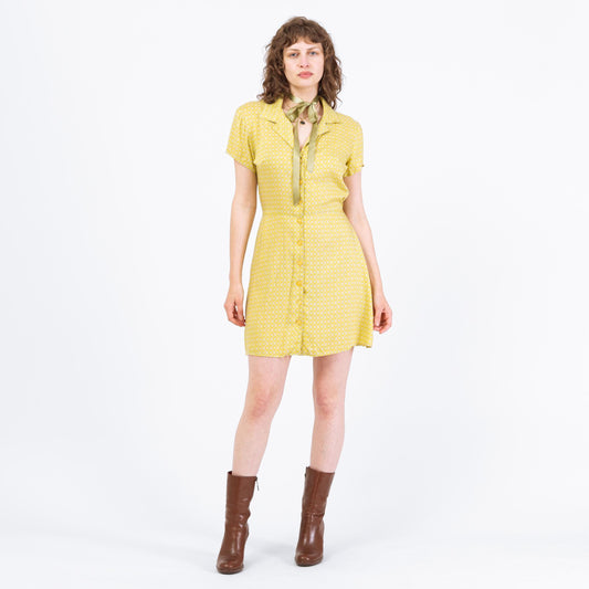 Vintage 90s Chartreuse Floral Boho Mini Dress - Medium | Grunge Short Sleeve Button Front Summer Sundress