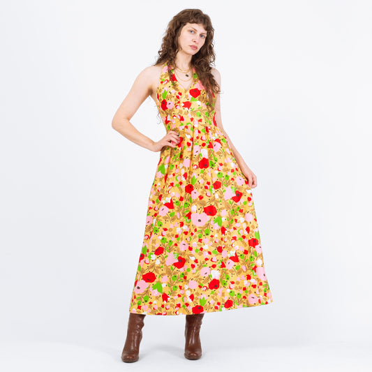 Vintage 70s Poppy Print Halter Maxi Sundress - Small | Boho Flower Power Dress