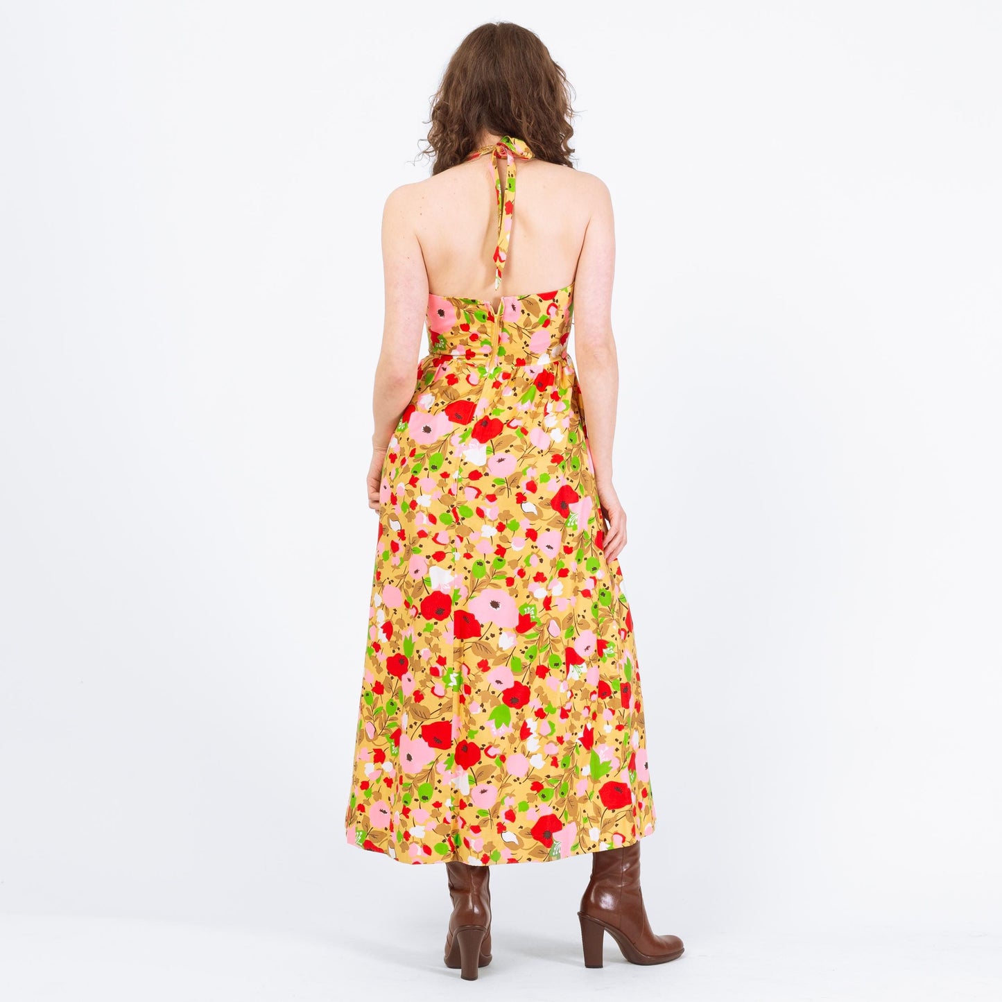 Vintage 70s Poppy Print Halter Maxi Sundress - Small | Boho Flower Power Dress