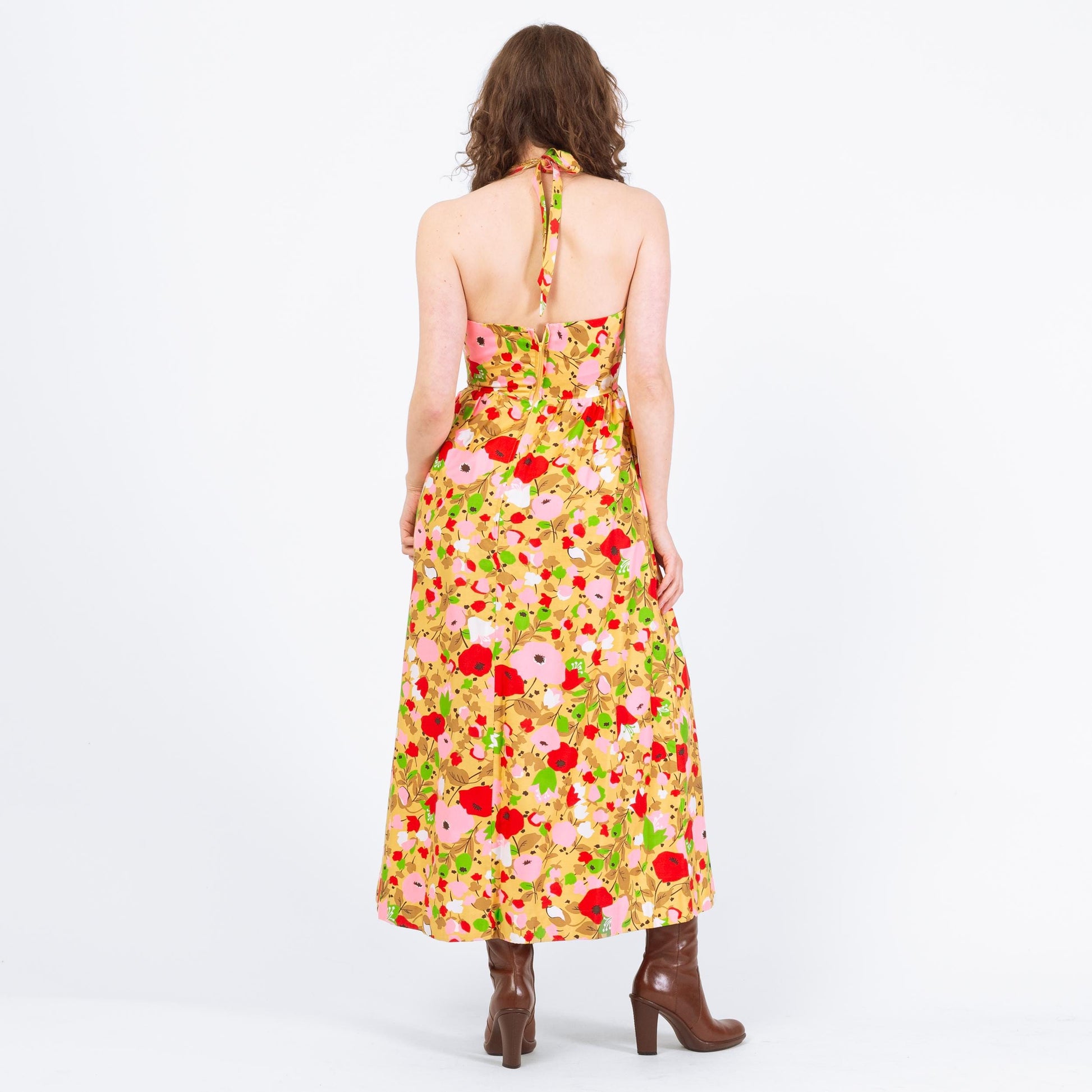 Vintage 70s Poppy Print Halter Maxi Sundress - Small | Boho Flower Power Dress