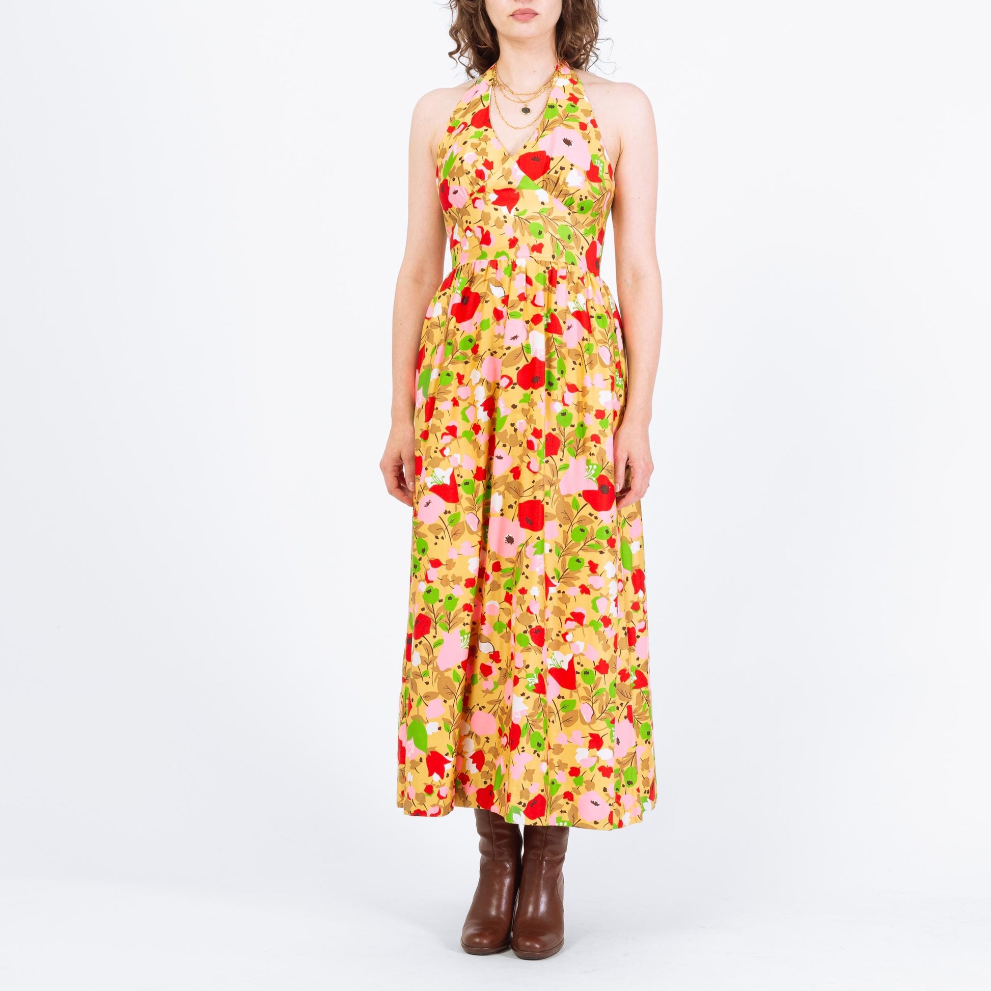 Vintage 70s Poppy Print Halter Maxi Sundress - Small | Boho Flower Power Dress