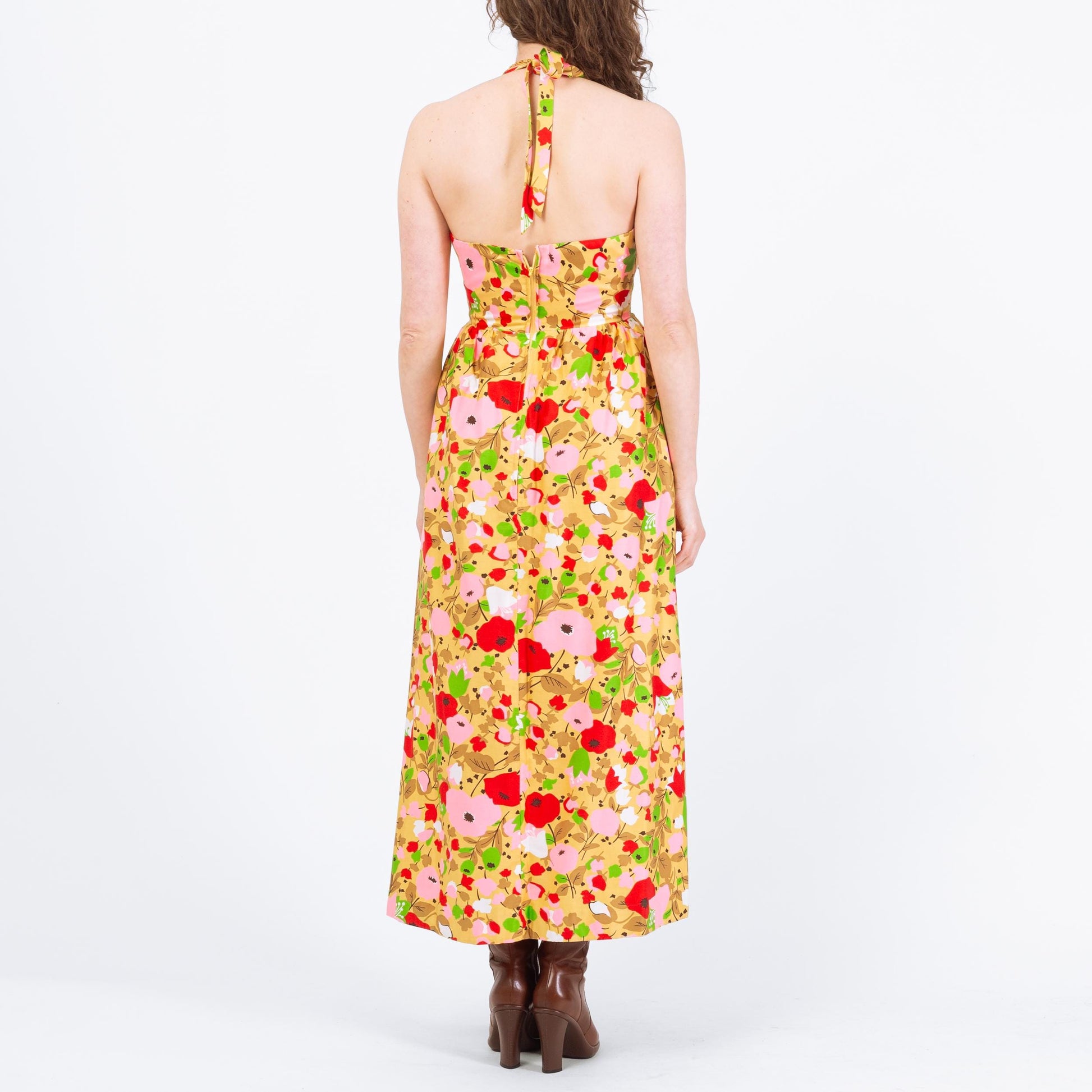 Vintage 70s Poppy Print Halter Maxi Sundress - Small | Boho Flower Power Dress