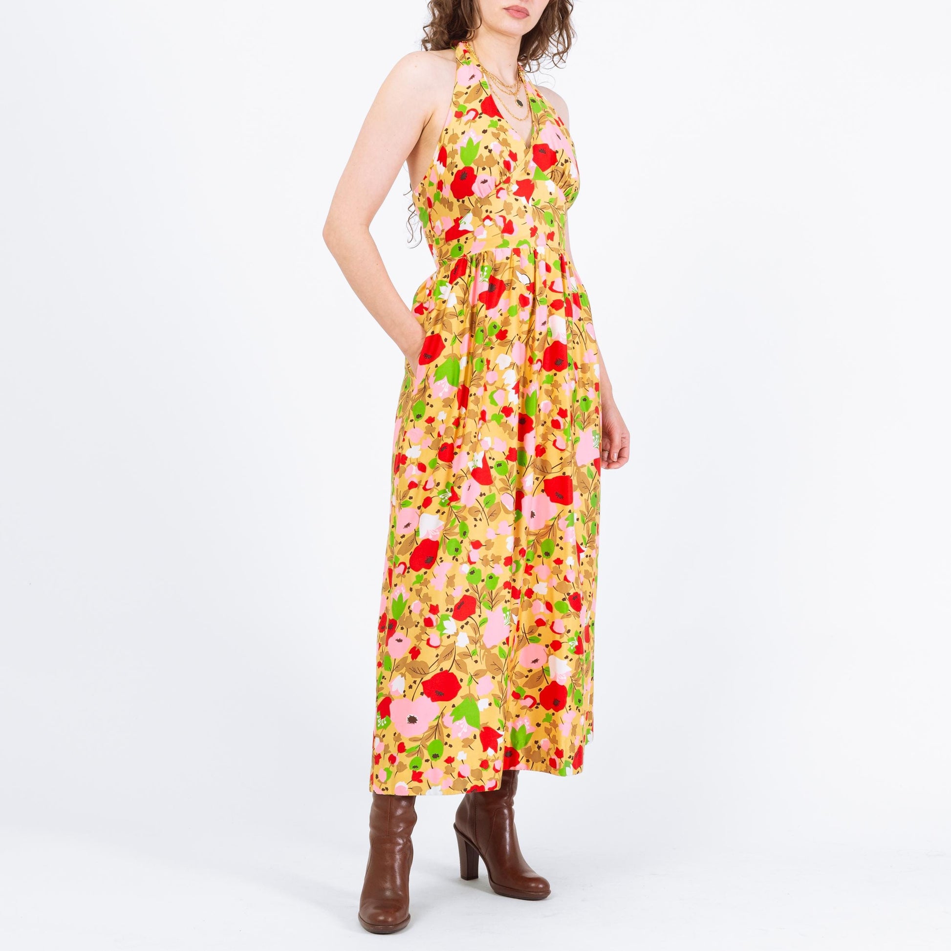 Vintage 70s Poppy Print Halter Maxi Sundress - Small | Boho Flower Power Dress