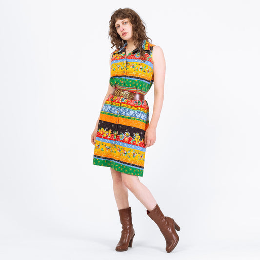 Vintage 70s Boho Striped Floral Sleeveless Shirtdress - Large | Collared Button Up Hippie Sundress